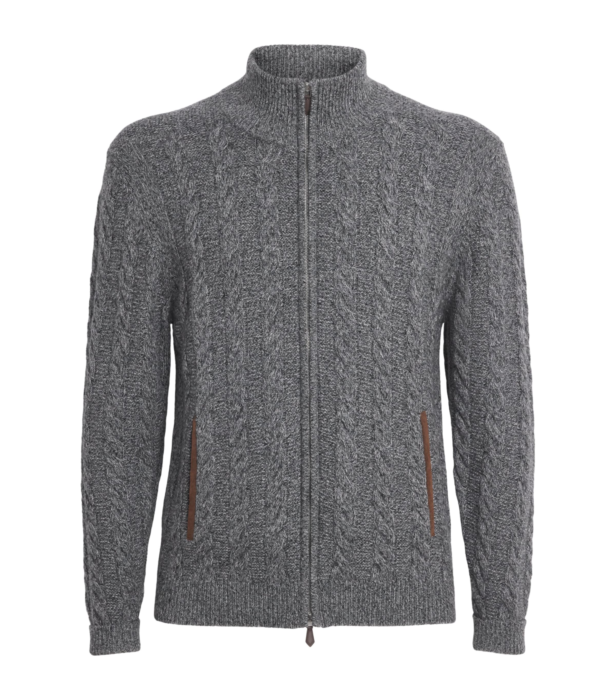 N.Peal Mens Cashmere Cable-Knit Zip-Up Cardigan Elephant Grey