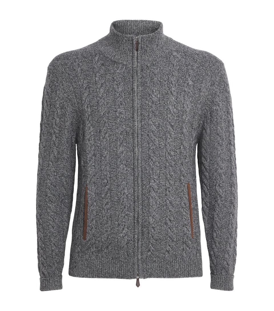 N.Peal Mens Cashmere Cable-Knit Zip-Up Cardigan Elephant Grey