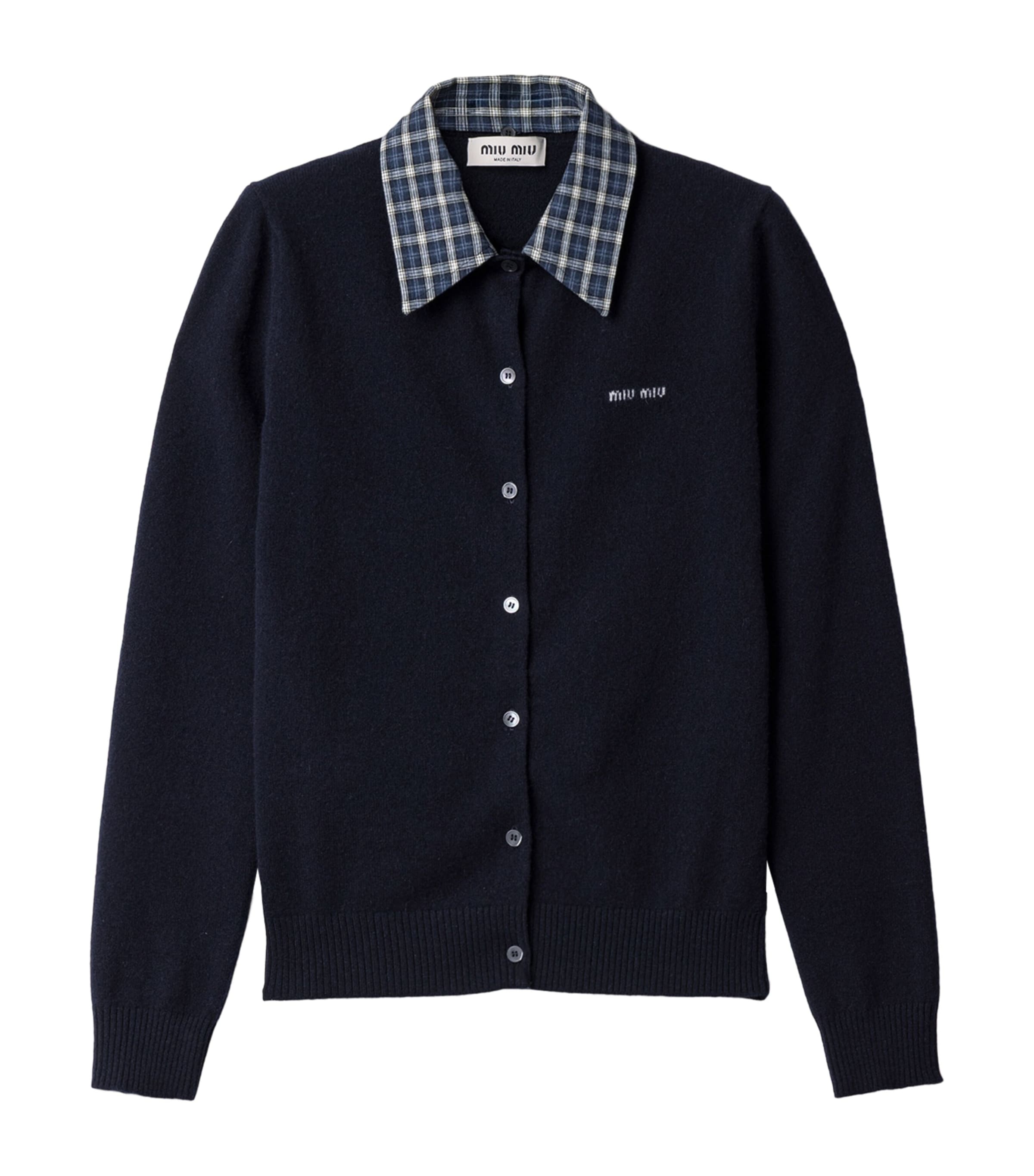 Miu Miu Womens Cashmere Check-Collar Cardigan Blue