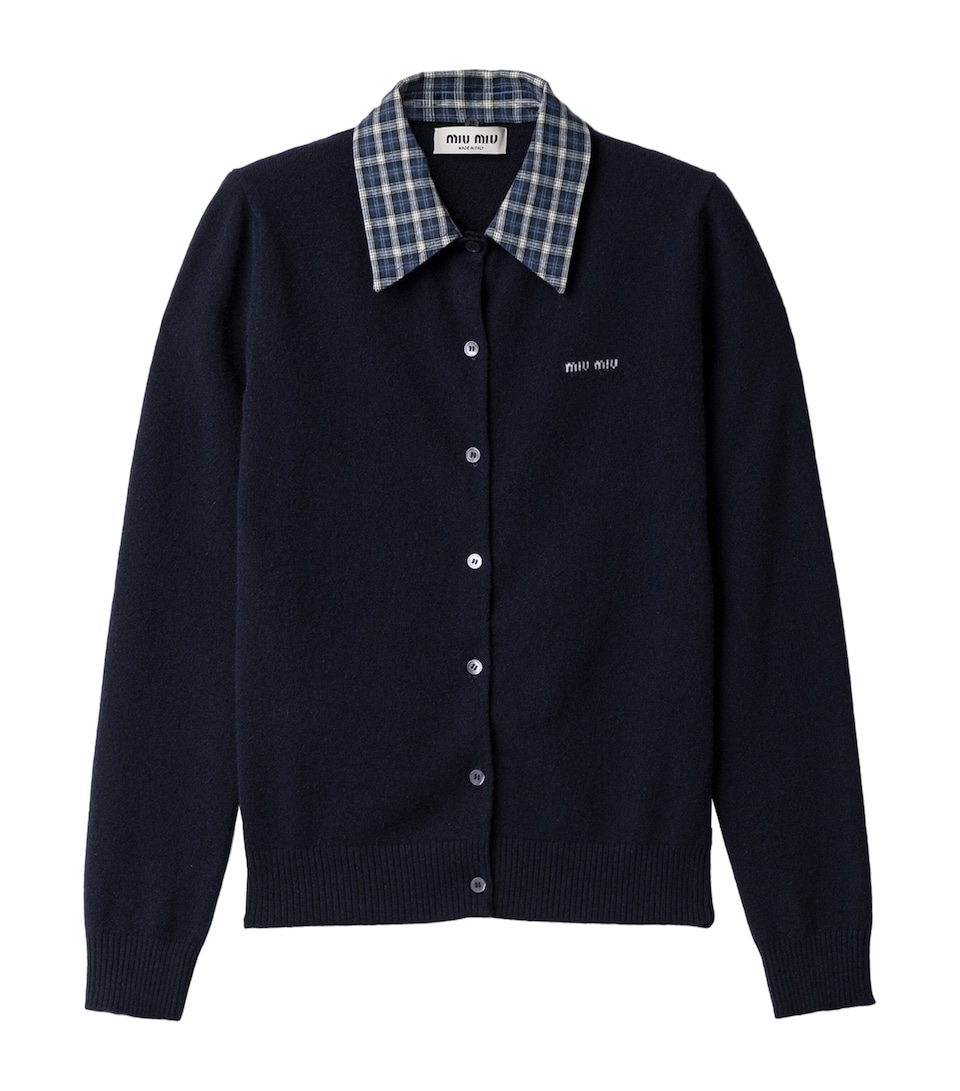 Miu Miu Womens Cashmere Check-Collar Cardigan Blue
