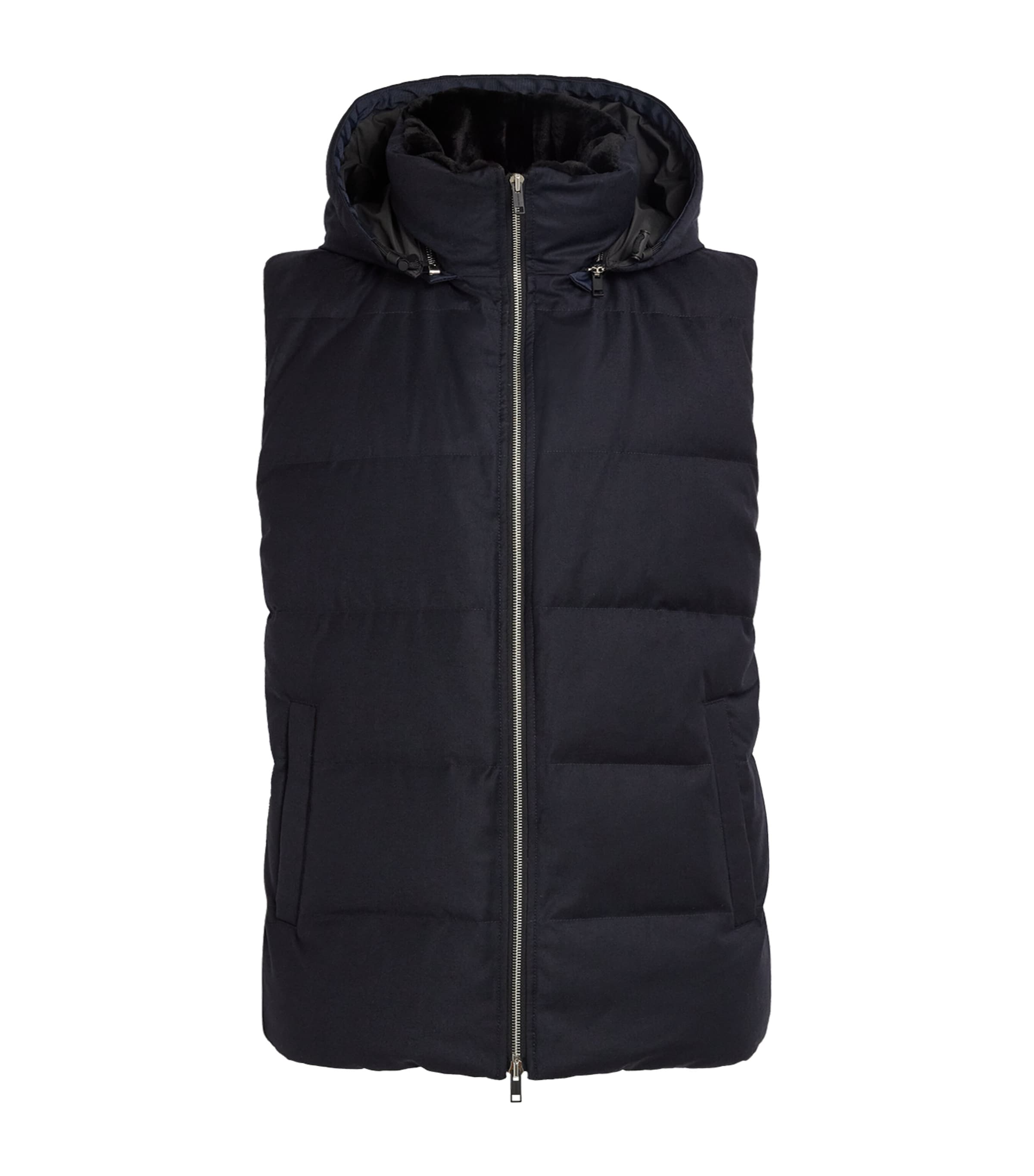 Yves Salomon Mens Virgin Wool-Silk Down Hooded Gilet Dark Navy