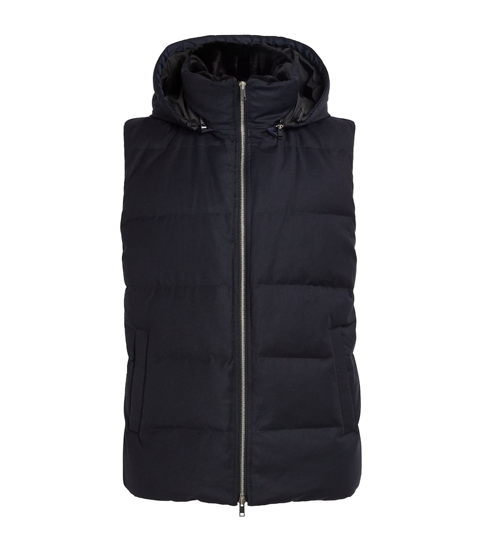 Yves Salomon Mens Virgin Wool-Silk Down Hooded Gilet Dark Navy