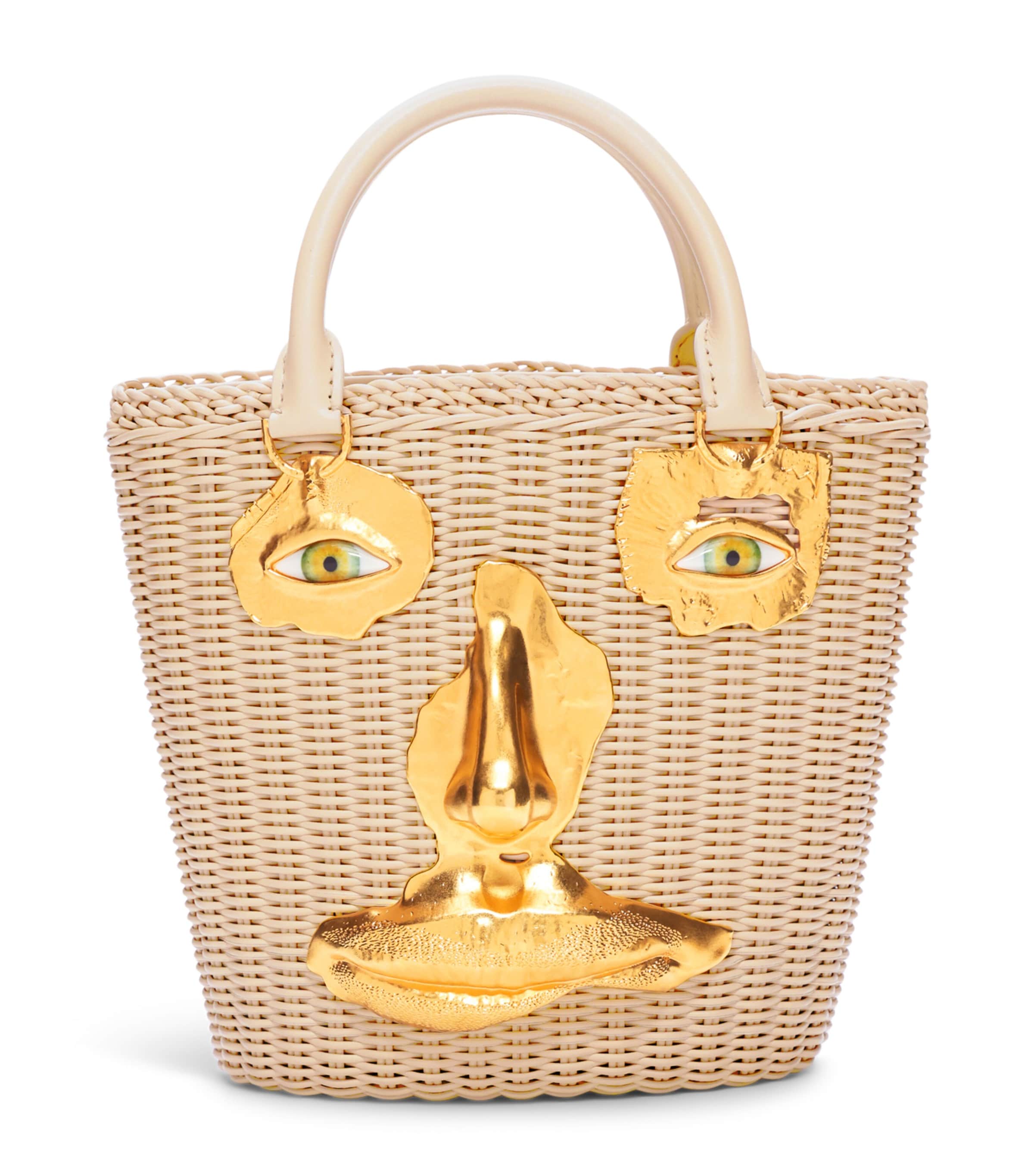 Schiaparelli Calfskin Wicker Face Bucket Bag Beige