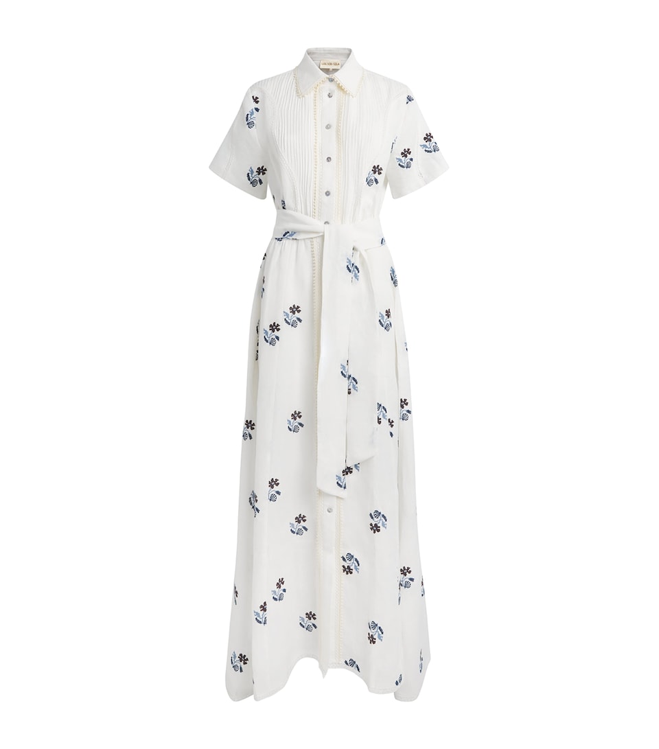 LUG VON SIGA Womens Linen Embroidered Vera Maxi Dress Offwhite