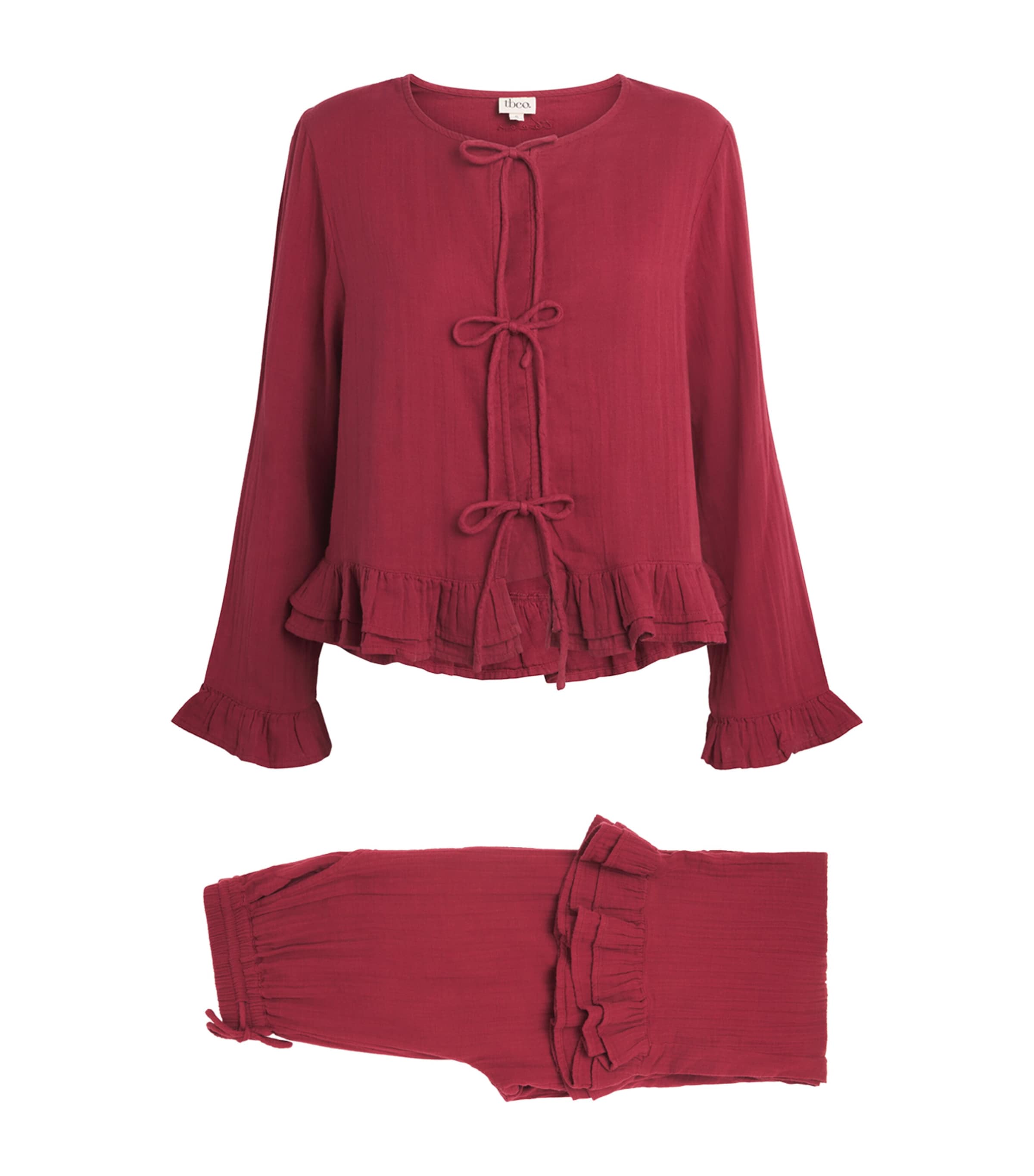 TBCO Womens Cotton Gauze Ankle Grazer Pyjama Set Red Ruffle
