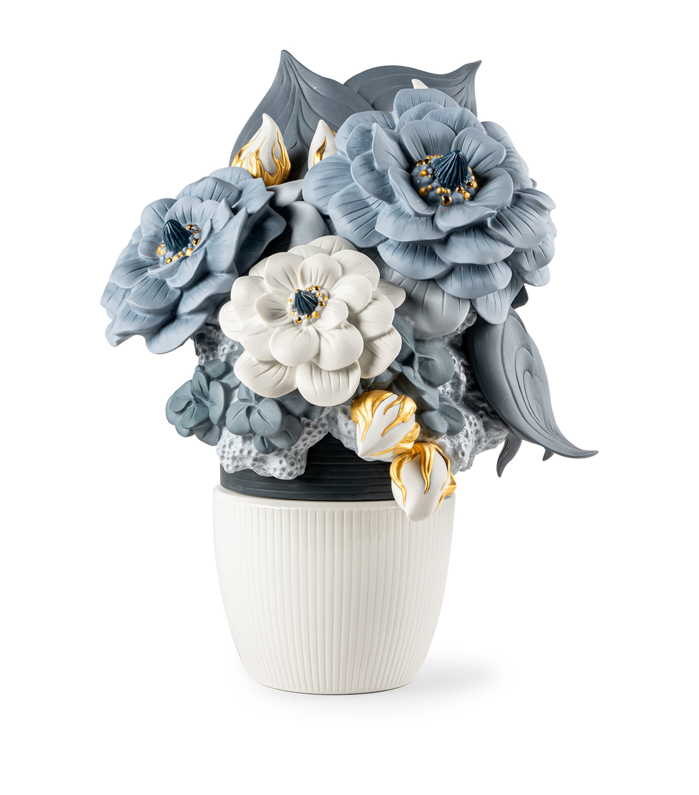 Lladró Porcelain Vase with Flowers Figurine (44cm) White & Blue