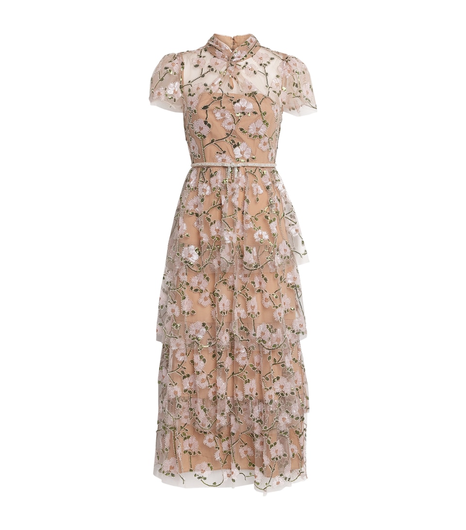 Self-Portrait Womens Sequin-Embellished Tiered Midi Dress Pink