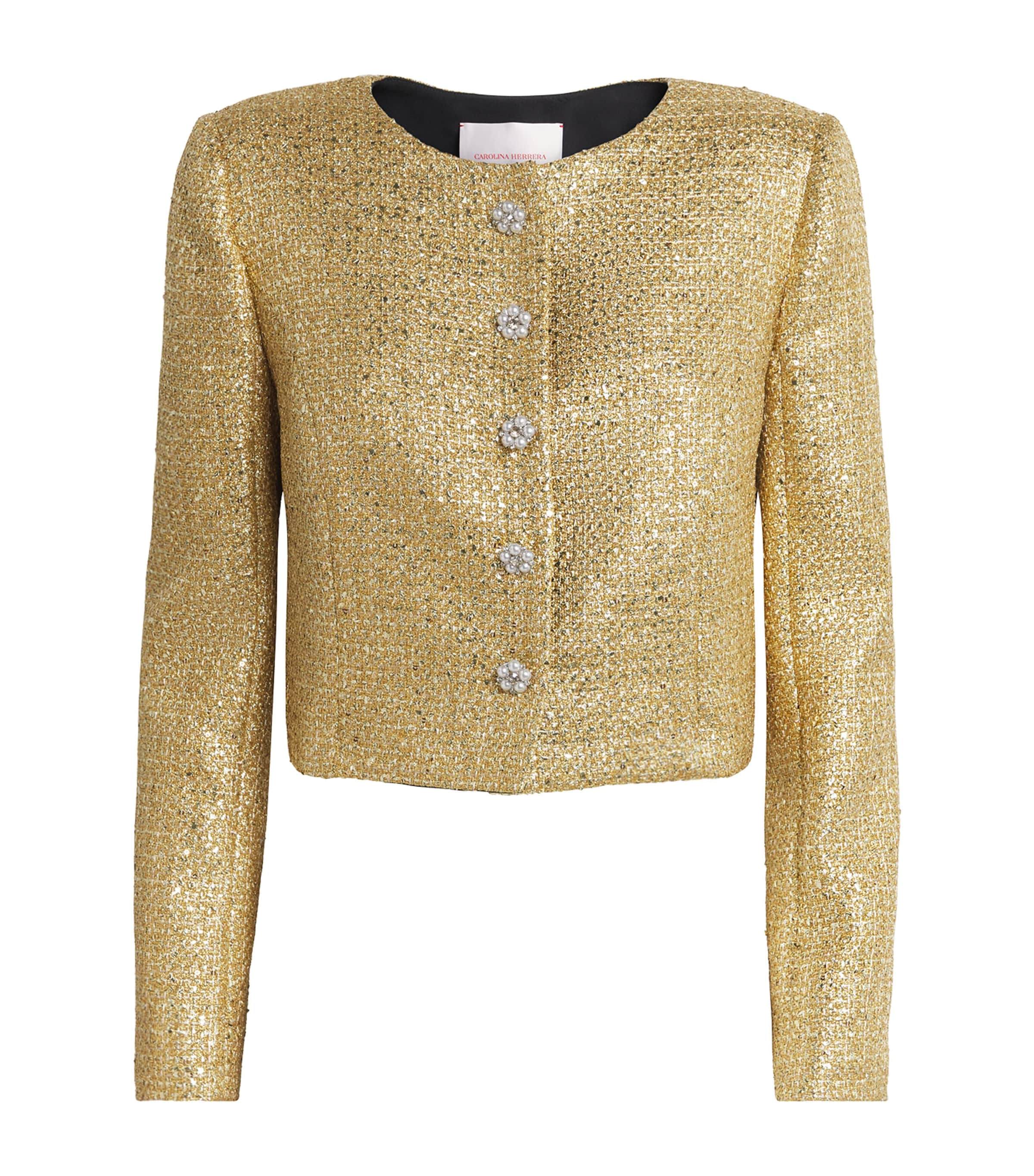 Carolina Herrera Womens Metallic Cropped Collarless Jacket Gold