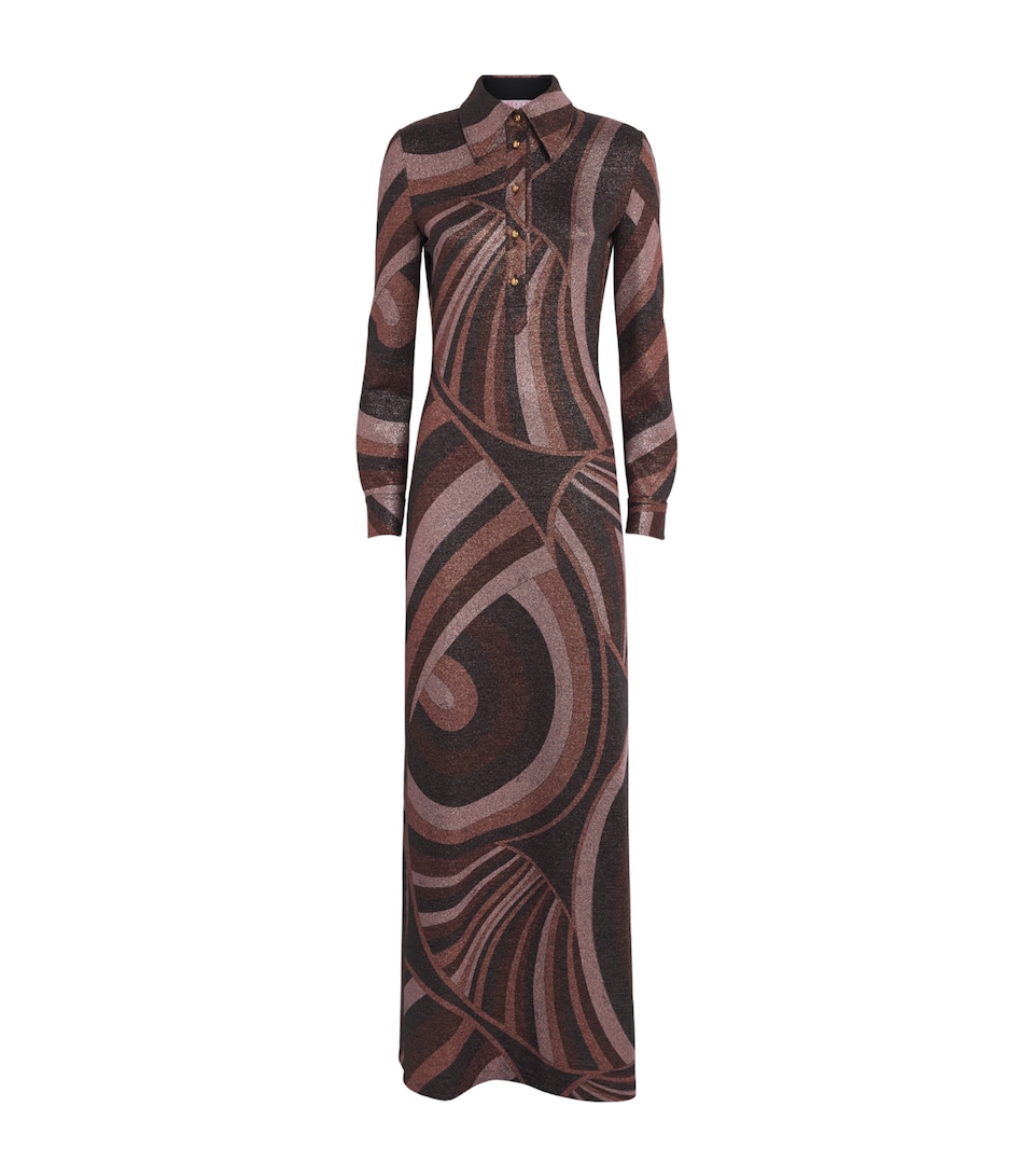 PUCCI Womens Lurex Jersey Iride Print Maxi Dress Bordeaux Gold