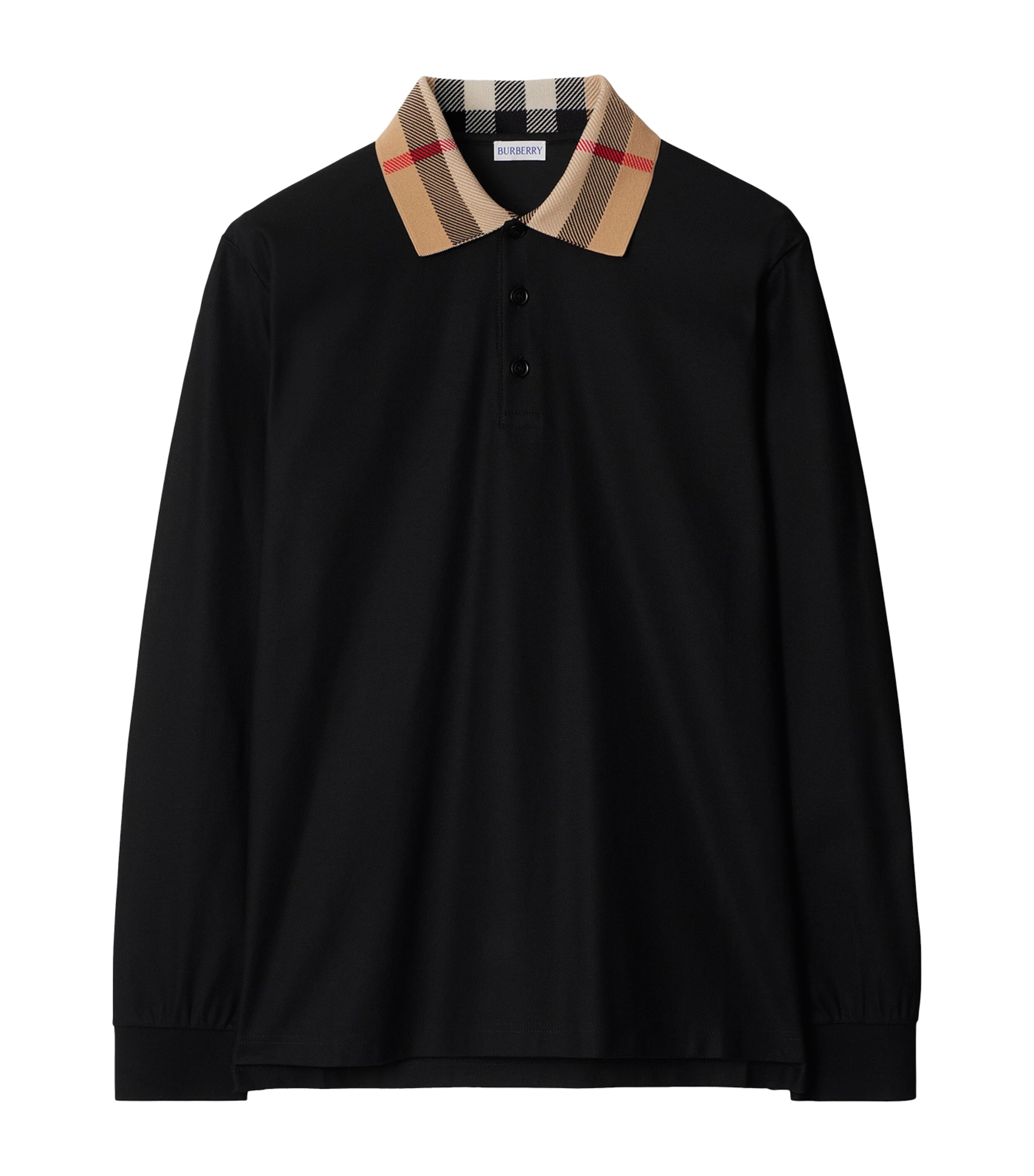 Cotton Check-Collar Long-Sleeve Polo Shirt