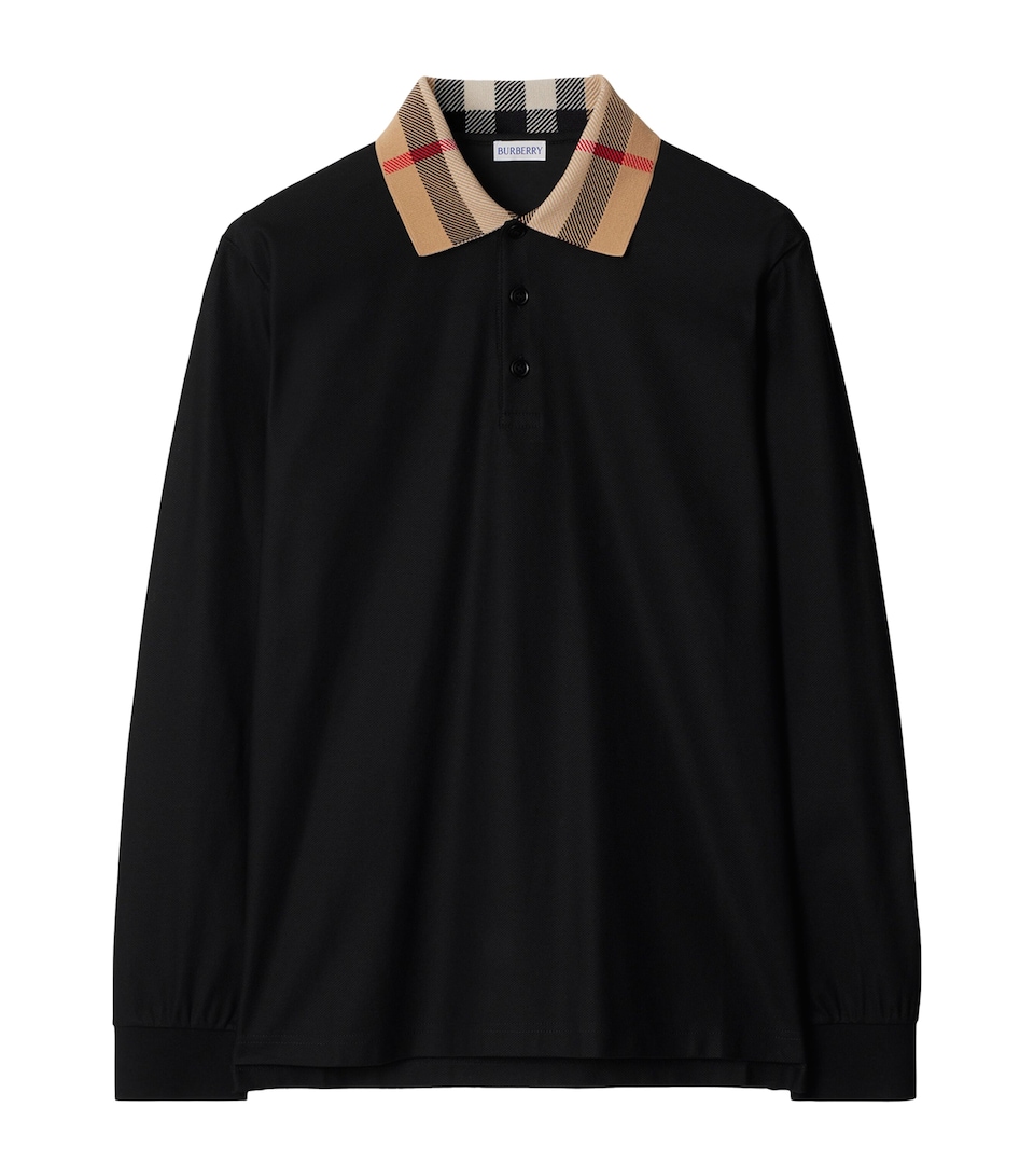 Cotton Check-Collar Long-Sleeve Polo Shirt