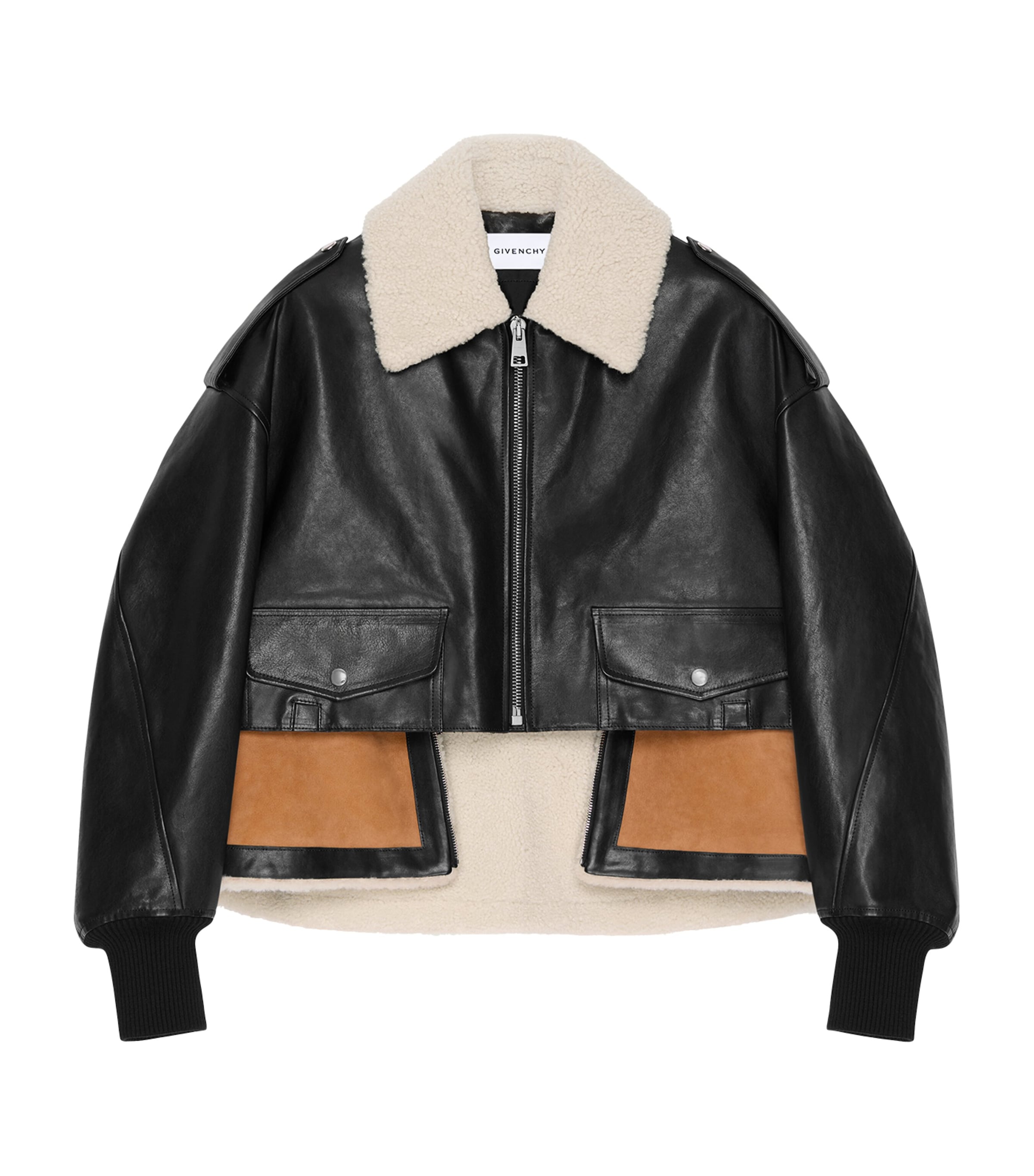 Leather-Shearling Cropped Aviator Jacket