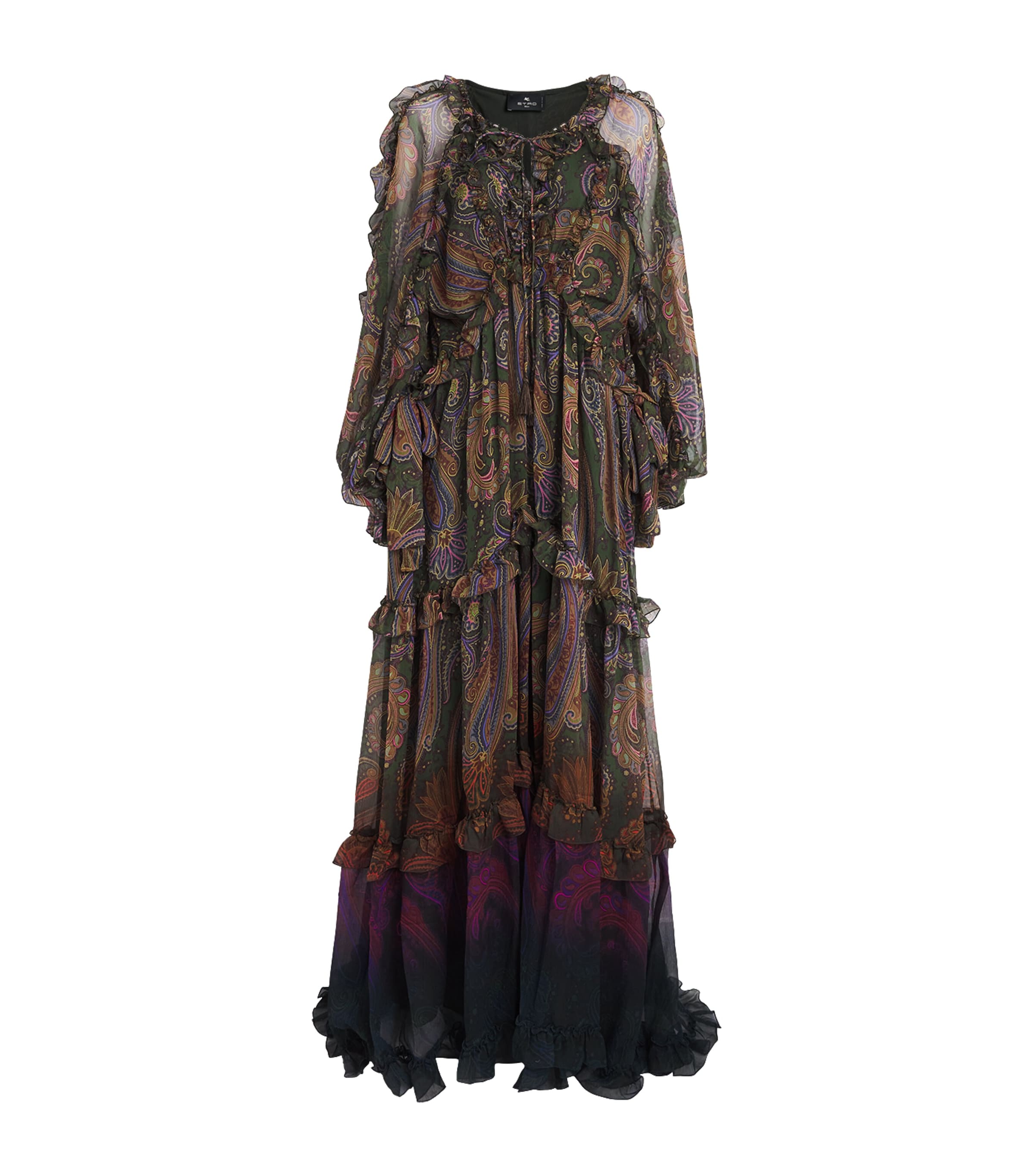 Etro Womens Silk Paisley Ruffle Maxi Dress Green