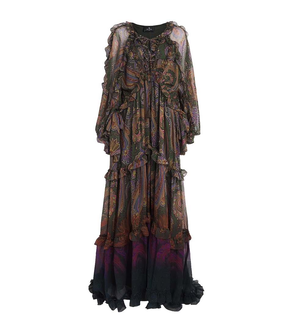 Etro Womens Silk Paisley Ruffle Maxi Dress Green