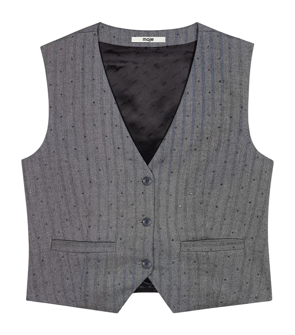 Maje Womens Striped Rhinestone-Embellished Waistcoat Grey