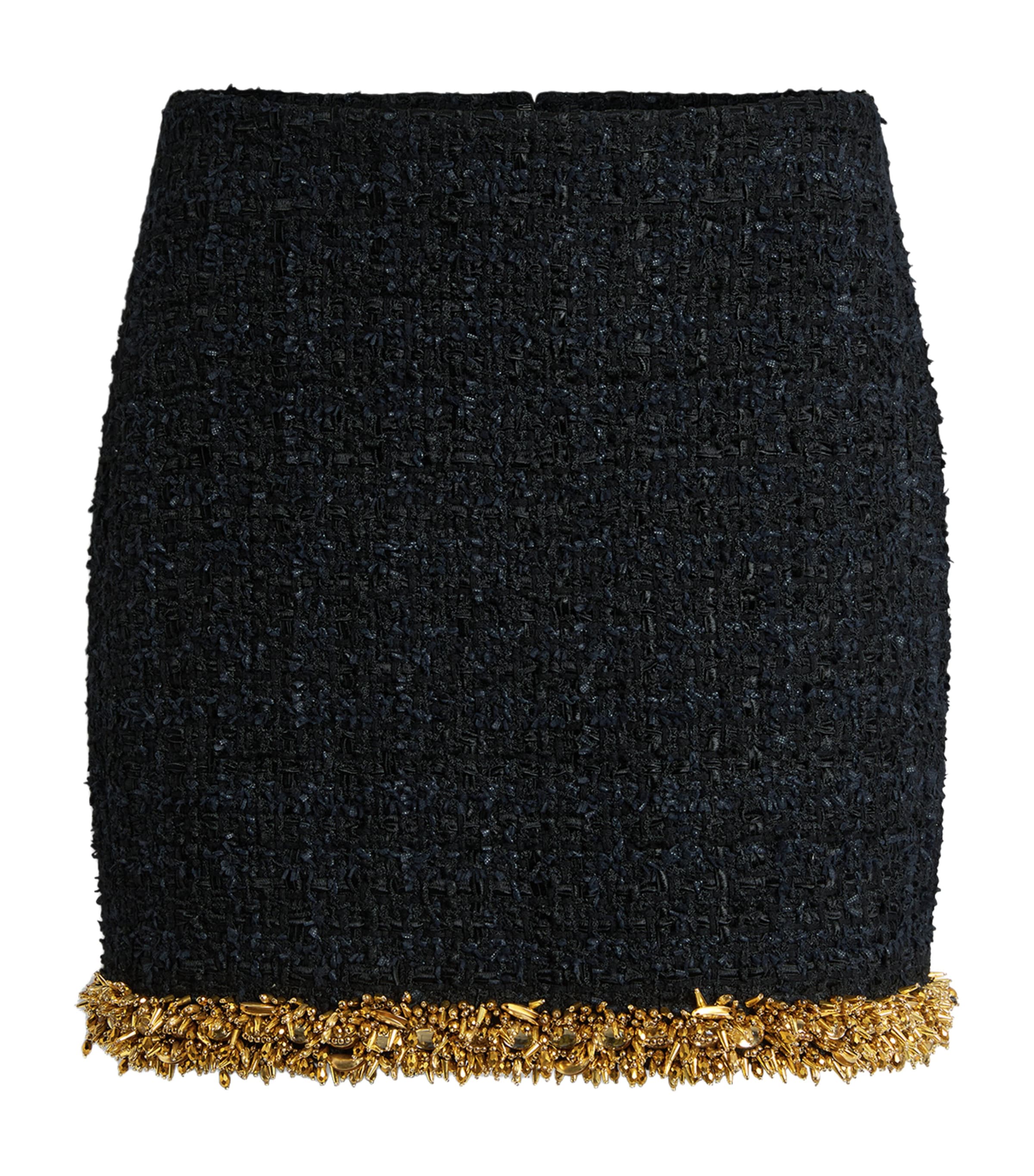 Balmain Womens Tweed Beaded-Hem Mini Skirt Ead Noir Or