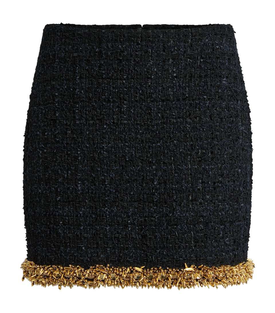 Balmain Womens Tweed Beaded-Hem Mini Skirt Ead Noir Or