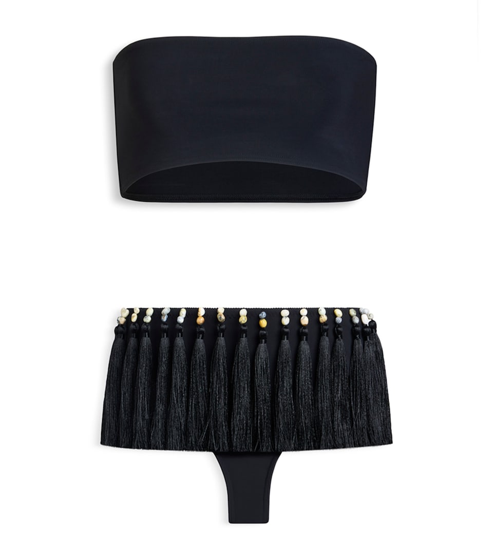 Alaïa Womens Tassel-Trim Bandeau Bikini Black