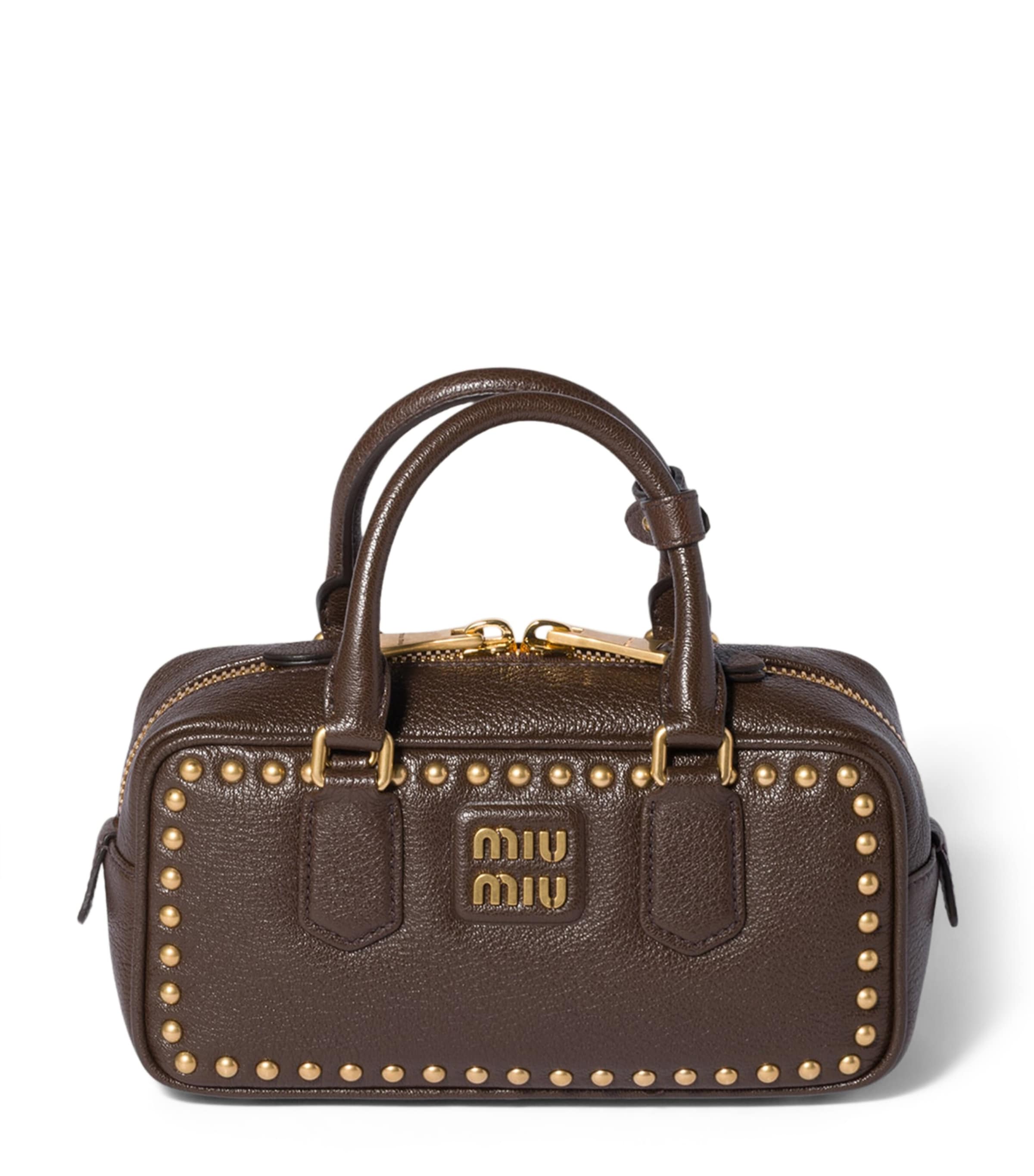 Miu Miu Leather Studded Arcadie Top-Handle Bag Brown