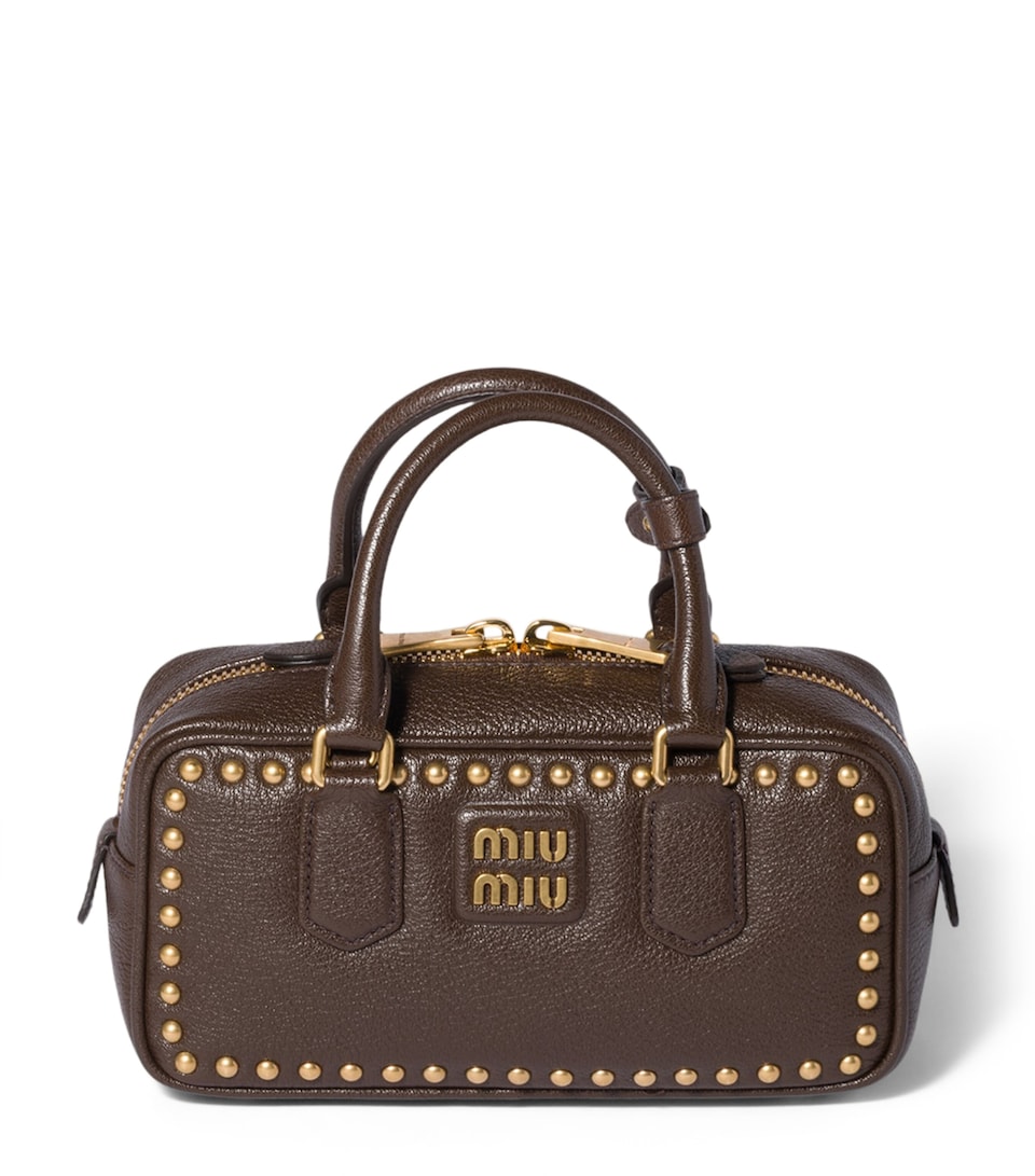 Miu Miu Leather Studded Arcadie Top-Handle Bag Brown