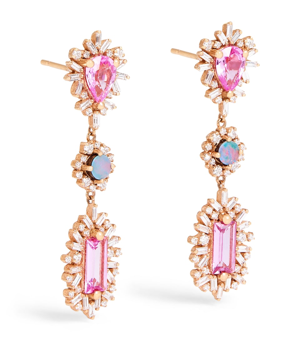 Rose Gold, Diamond, Sapphire and Opal One of a Kind Drop Earrings