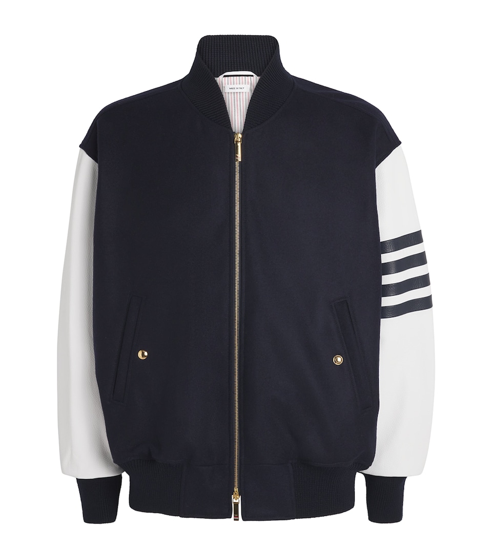 Wool-Leather Oversized 4-Bar Bomber Jacket