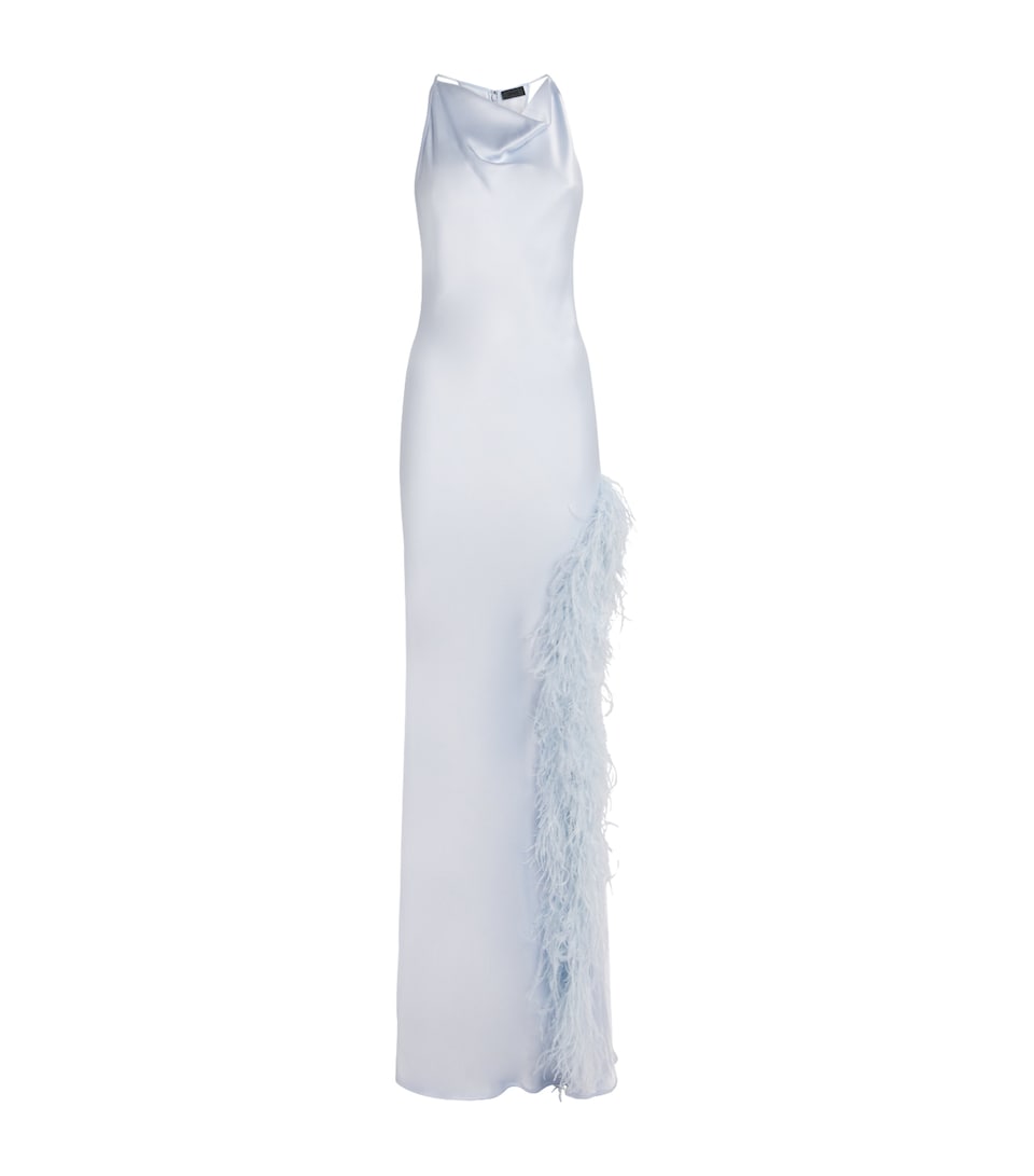 LAPOINTE Womens Satin Feather-Trim Halterneck Gown Cloud