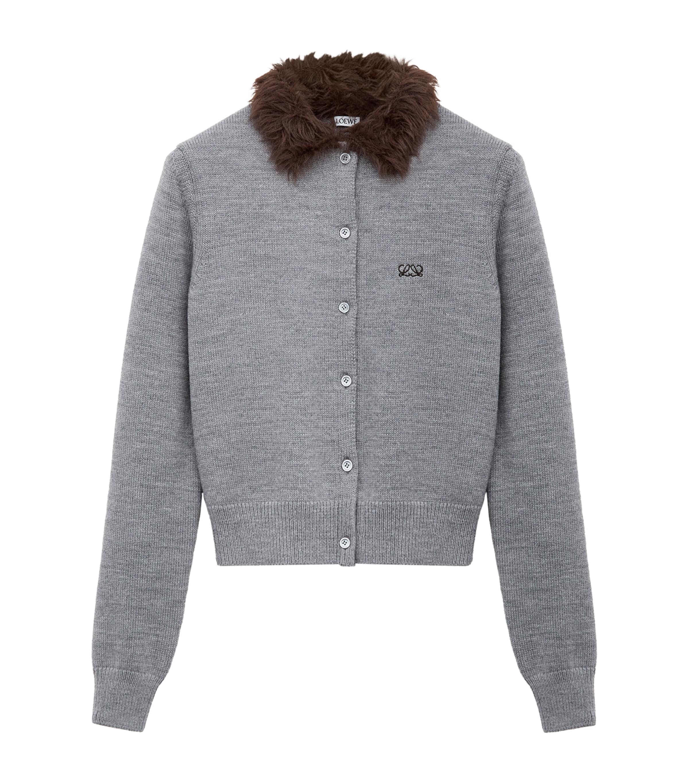 LOEWE Womens Wool Brushed-Collar Cardigan Grey