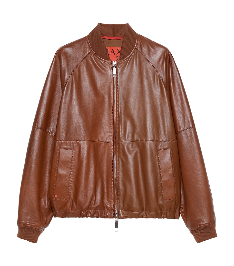 MAX&Co. Womens Leather Bomber Jacket Cognac