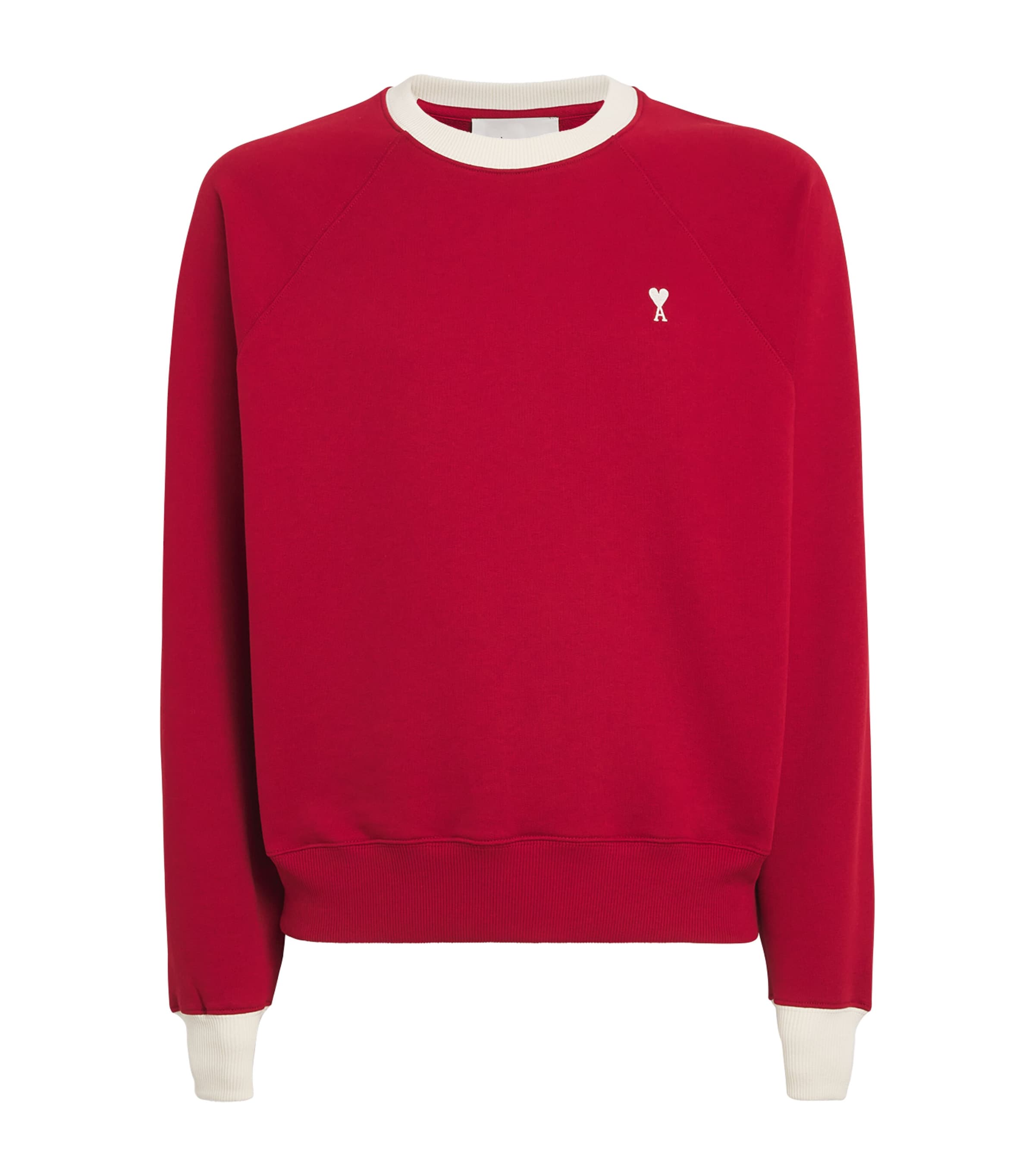 AMI Paris Mens Cotton Bicolour Ami de Coeur Sweatshirt Rouge Rubis/ivr