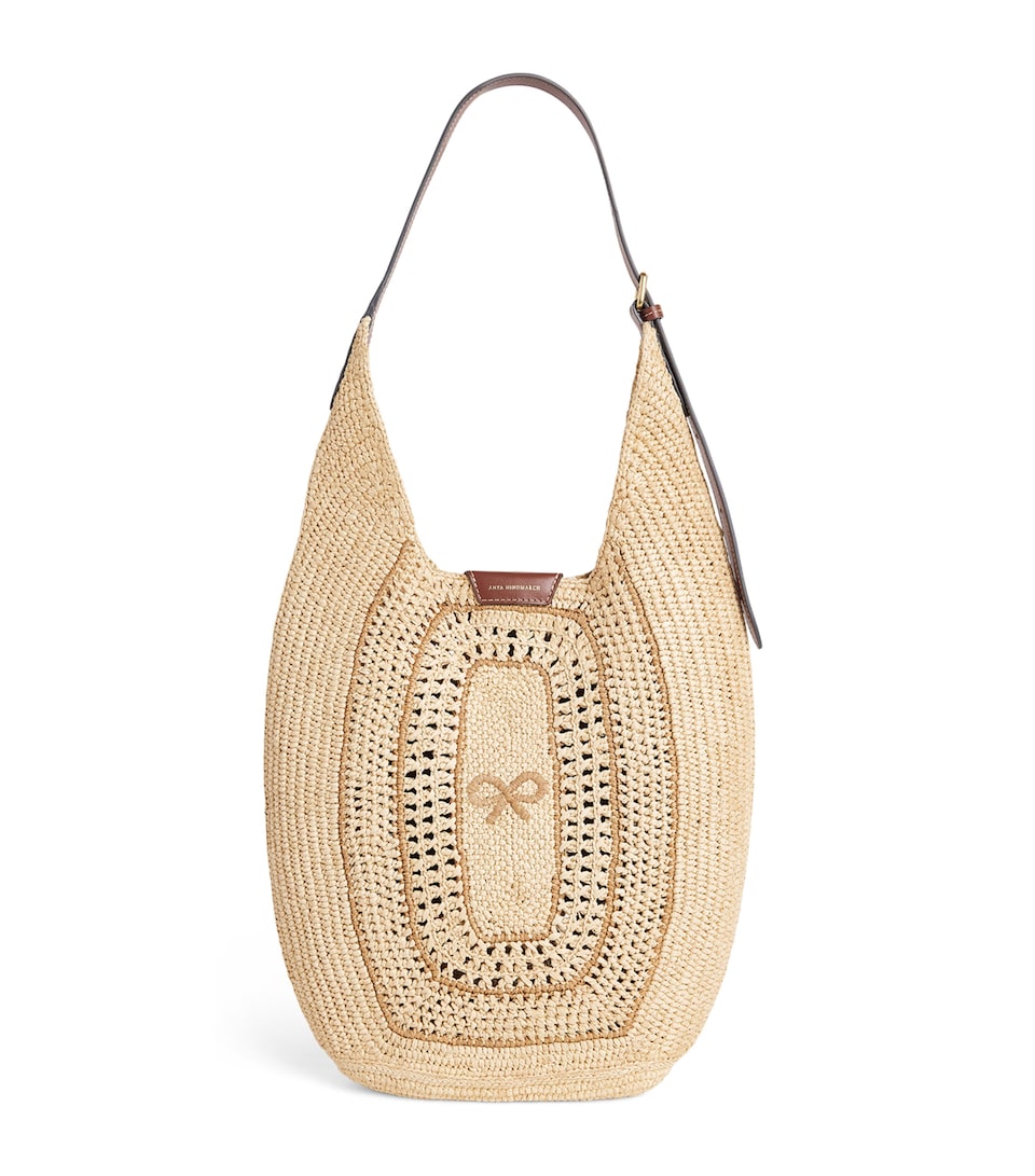 Raffia Leather-Trim Bow Shoulder Bag