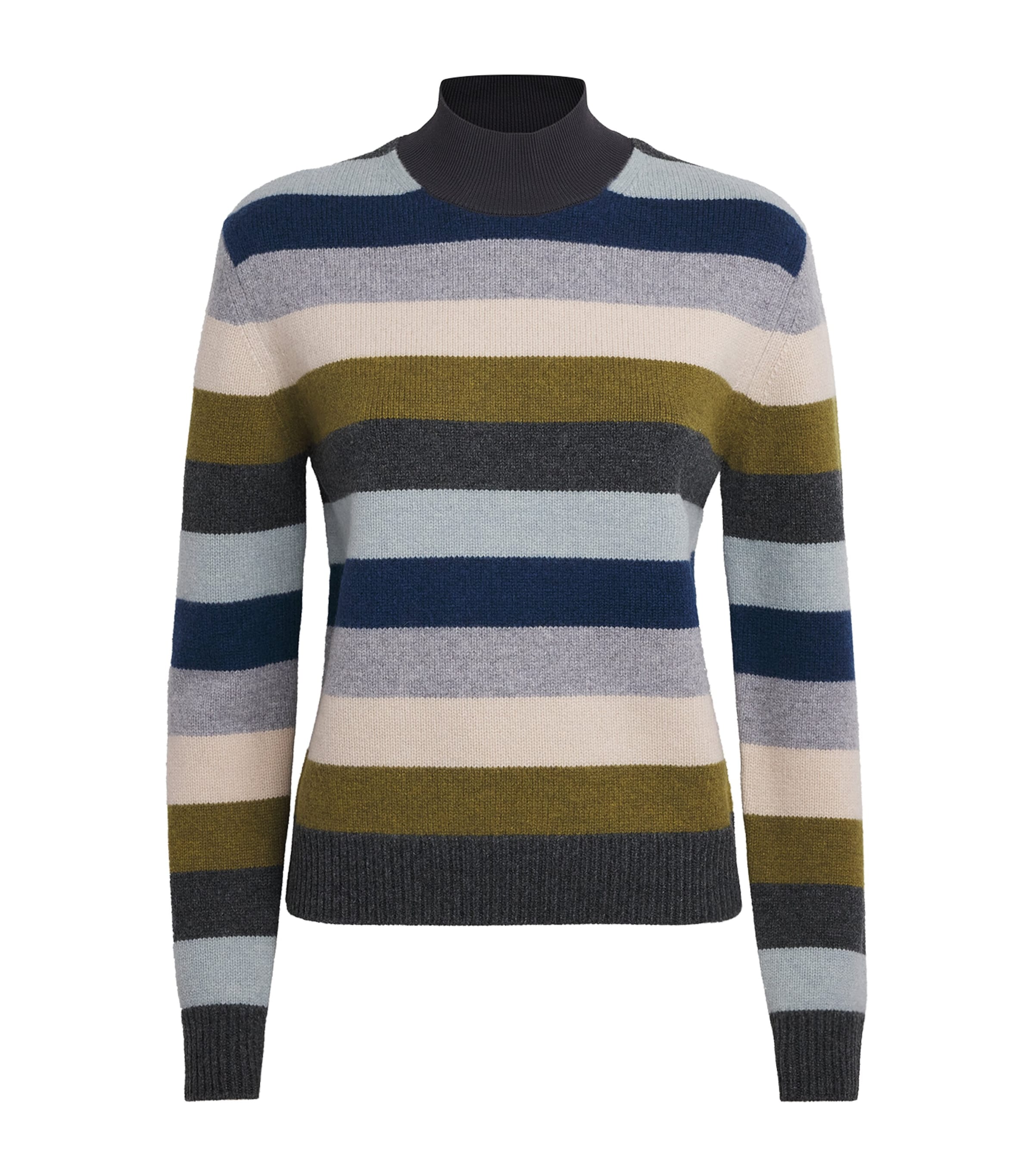 Tory Burch Womens Wool Stripe Funnel-Neck Sweater Graphite Multi Strp
