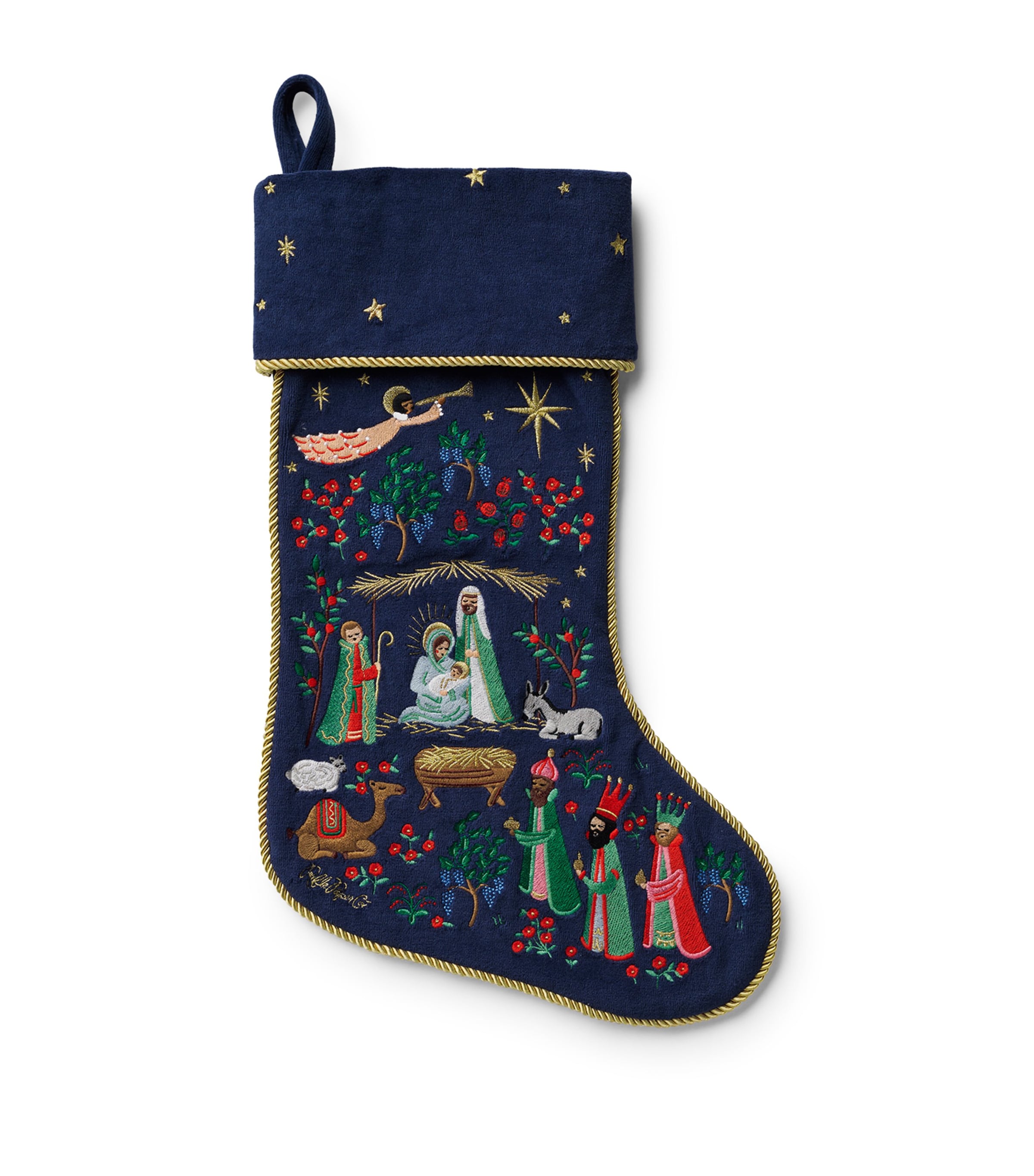 Rifle Paper Co. Embroidered Nativity Scene Stocking Blue