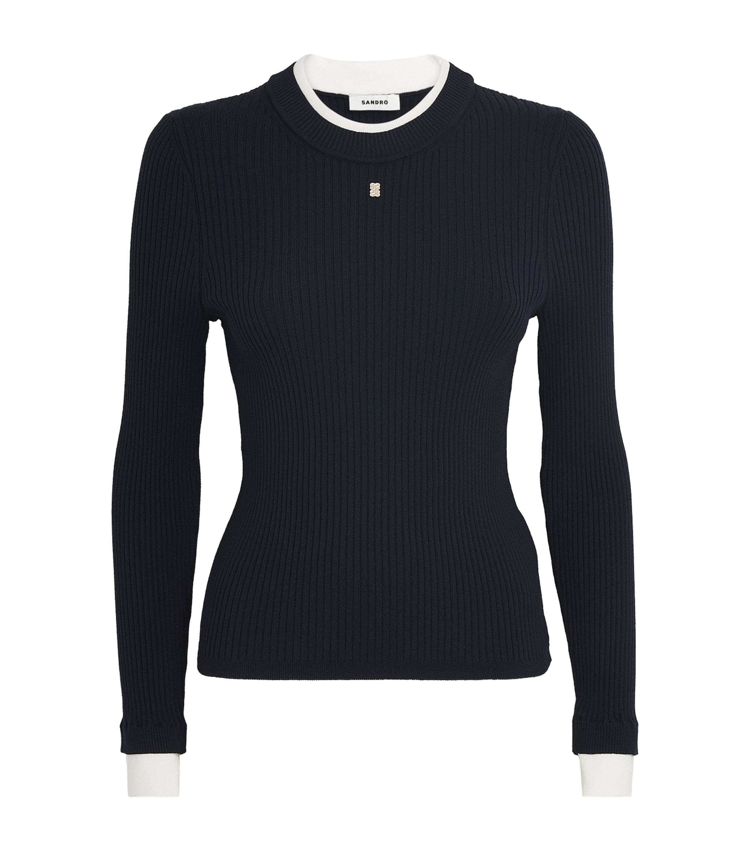 Sandro Paris Womens Cropped-Sleeve Logo Sweater Navy Blue