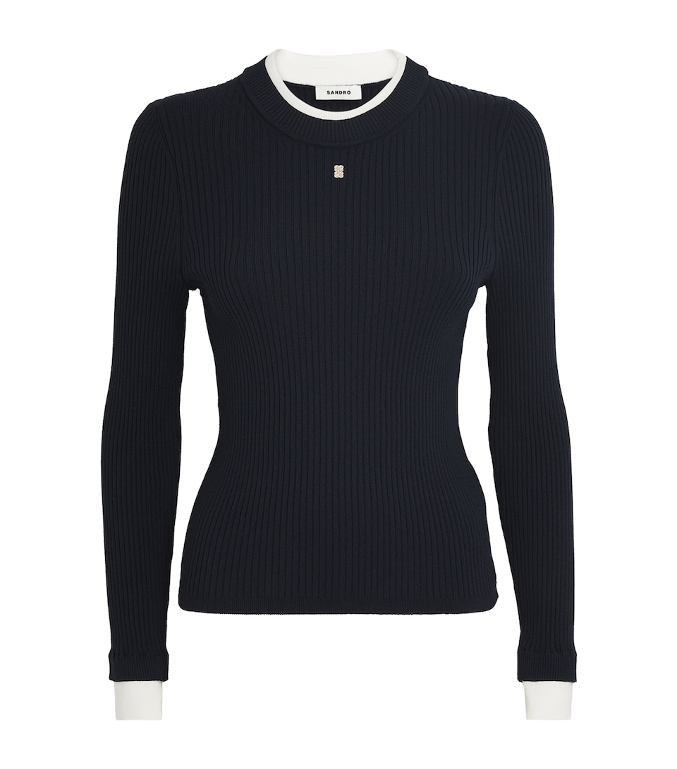 Sandro Paris Womens Cropped-Sleeve Logo Sweater Navy Blue