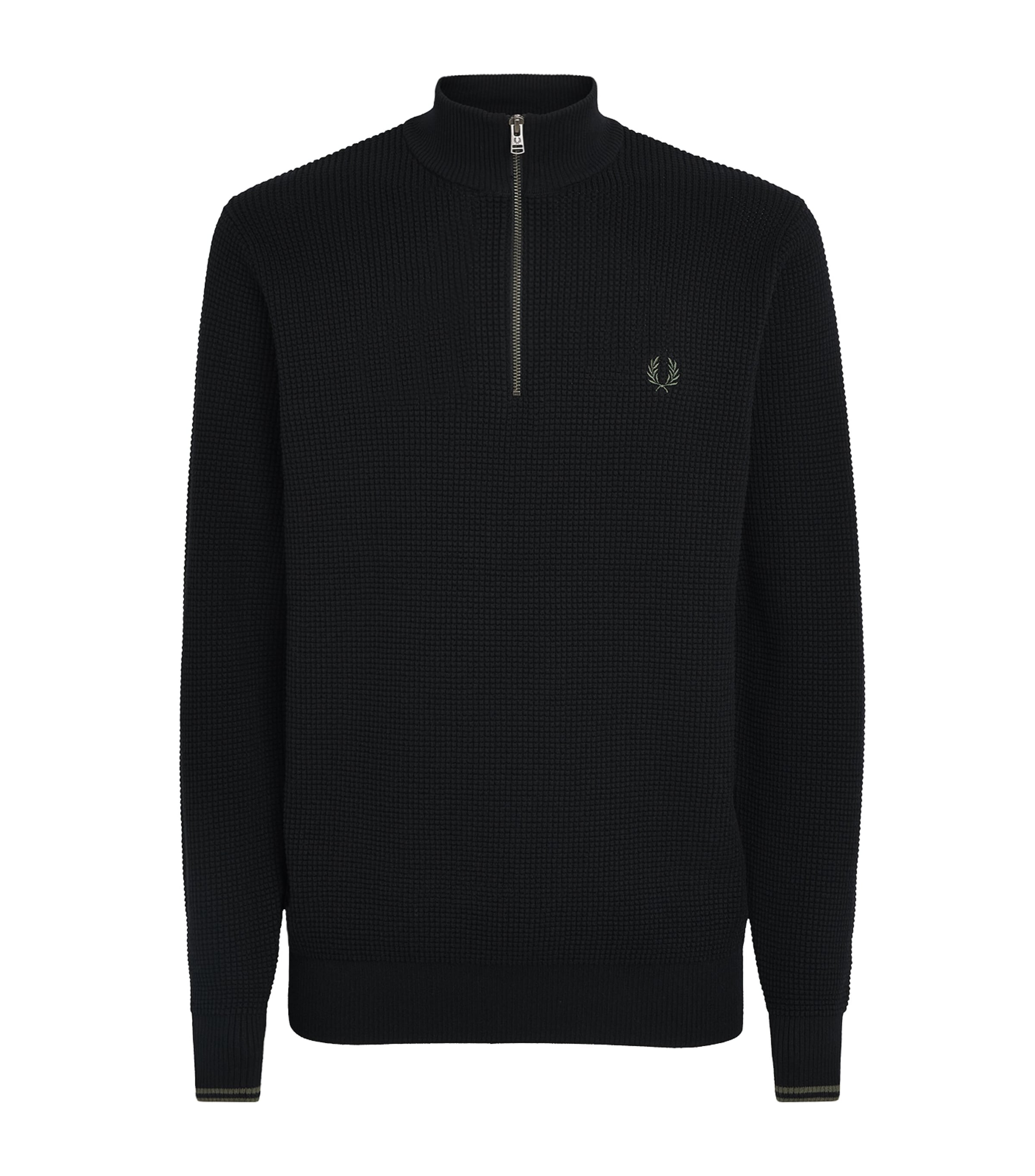 Fred Perry Mens Cotton Waffle-Knit Quarter-Zip Sweatshirt Black