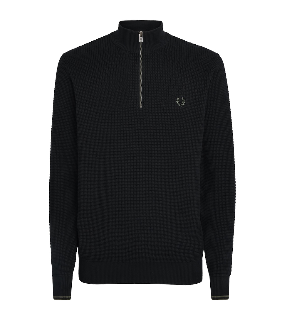 Fred Perry Mens Cotton Waffle-Knit Quarter-Zip Sweatshirt Black