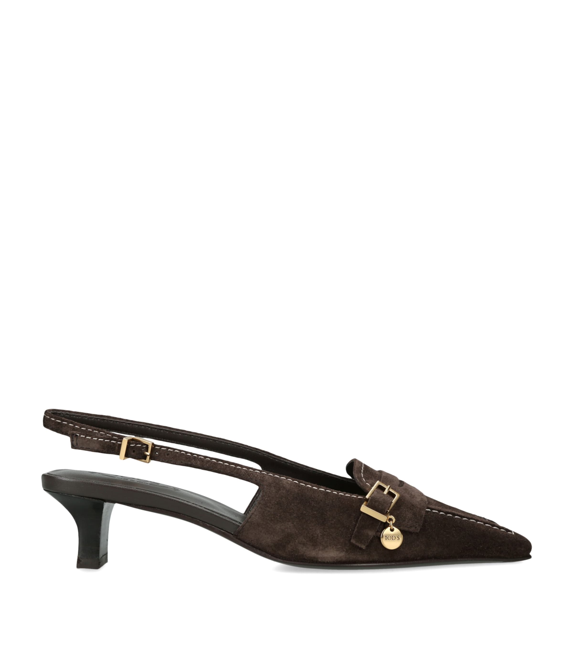 Tod's Suede Penny Strap Slingback Pumps 40 Dark Brown