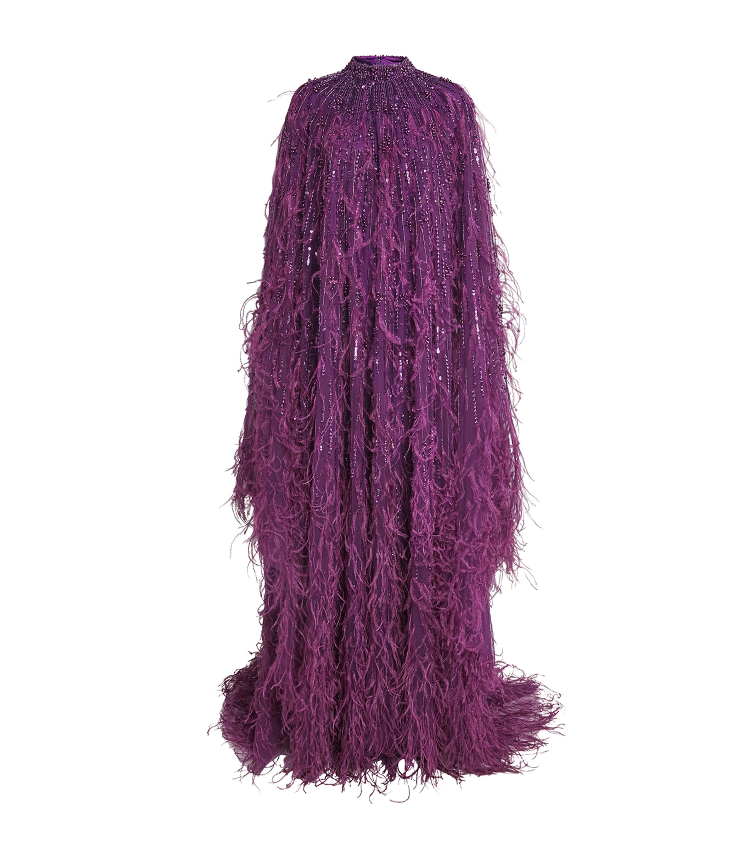 Pamella Roland Womens Tulle Embellished Feather-Trim Gown Amethyst