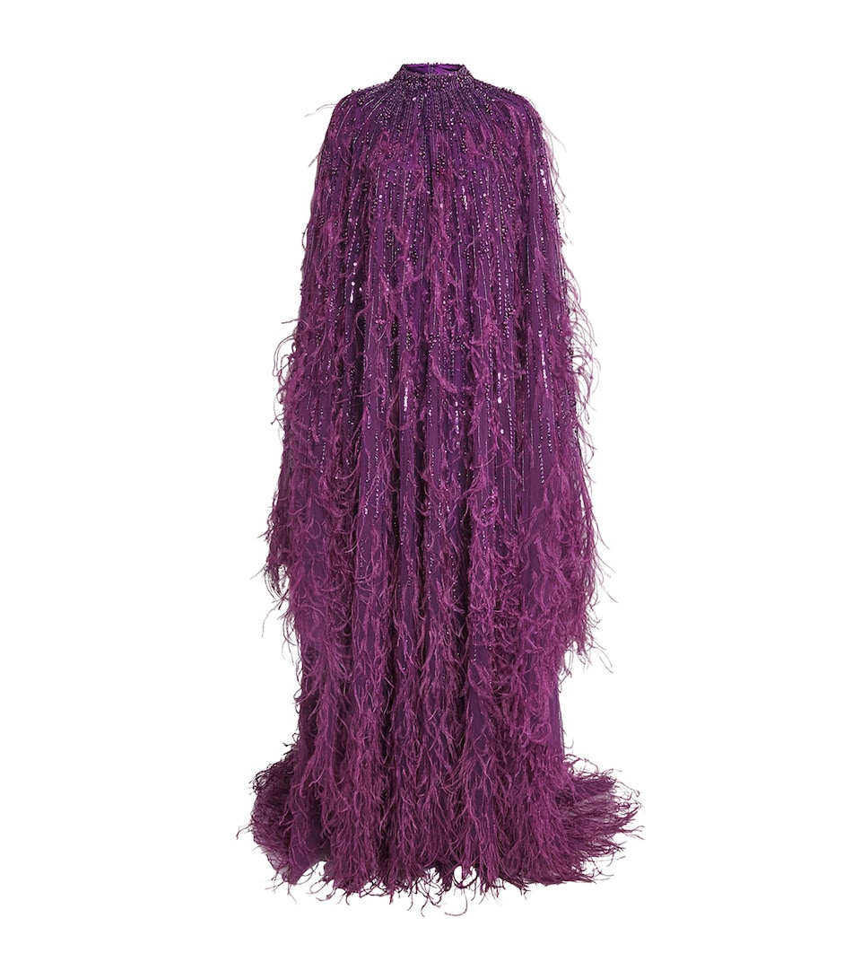 Pamella Roland Womens Tulle Embellished Feather-Trim Gown Amethyst