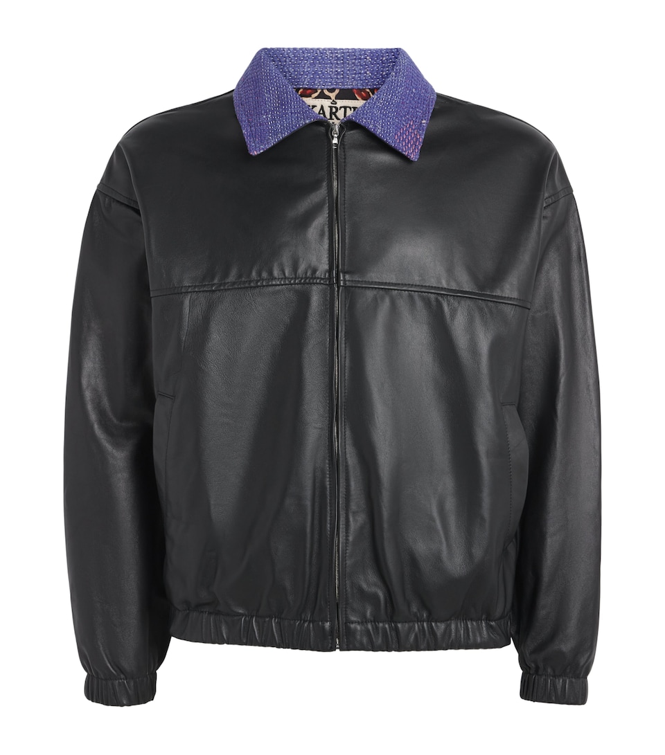 Kartik Research Mens Leather Kantha Bomber Jacket Black/ Purple