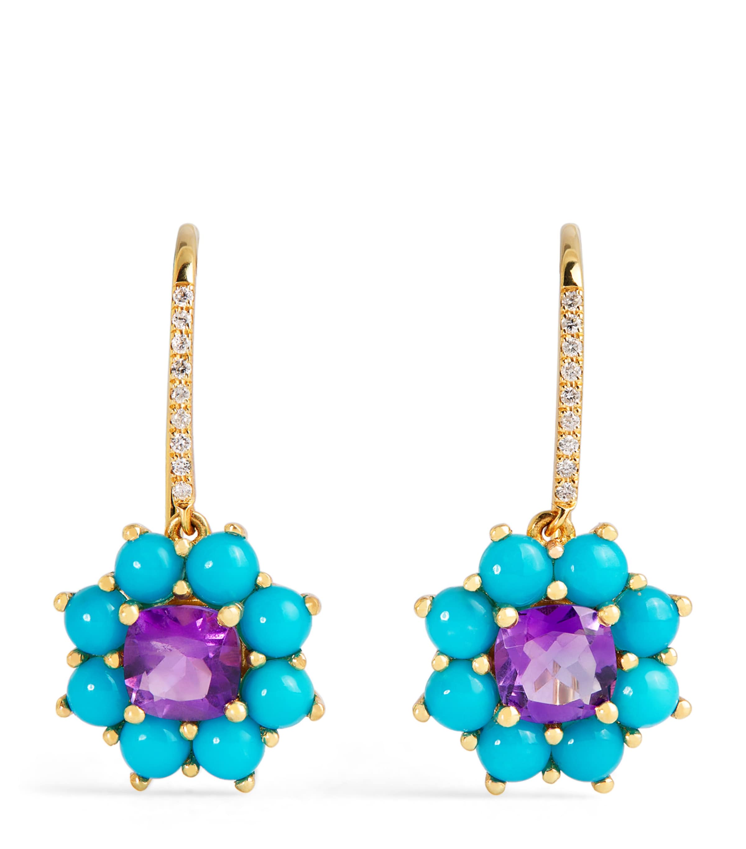 Yellow Gold, Diamond and Gemstone Flower Drop Earrings