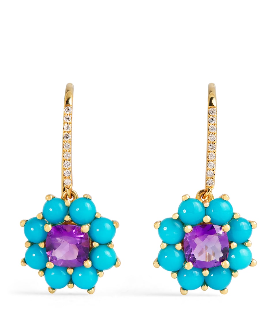 Yellow Gold, Diamond and Gemstone Flower Drop Earrings