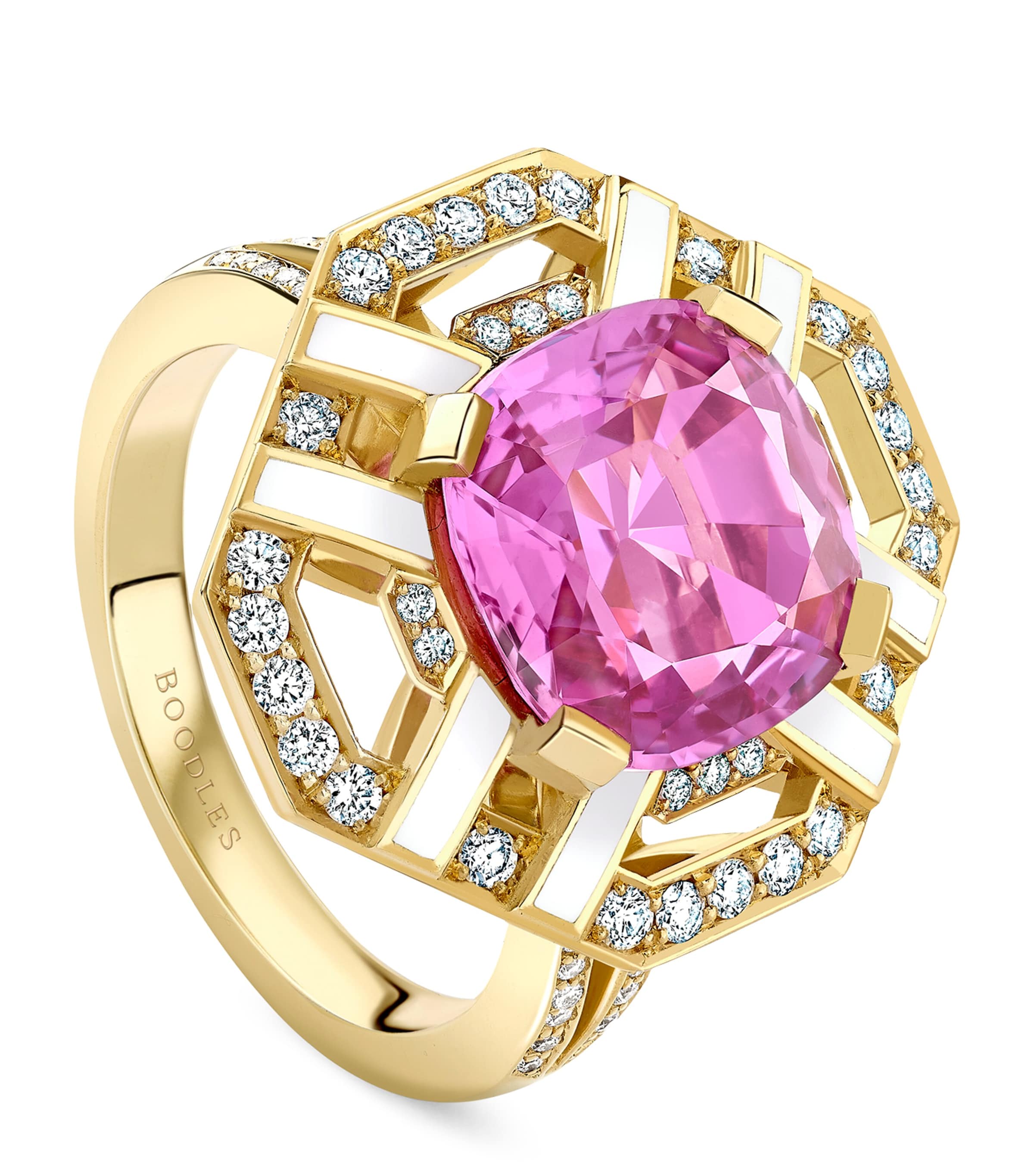 Yellow Gold, Diamond and Pink Sapphire Fifth Avenue Ring