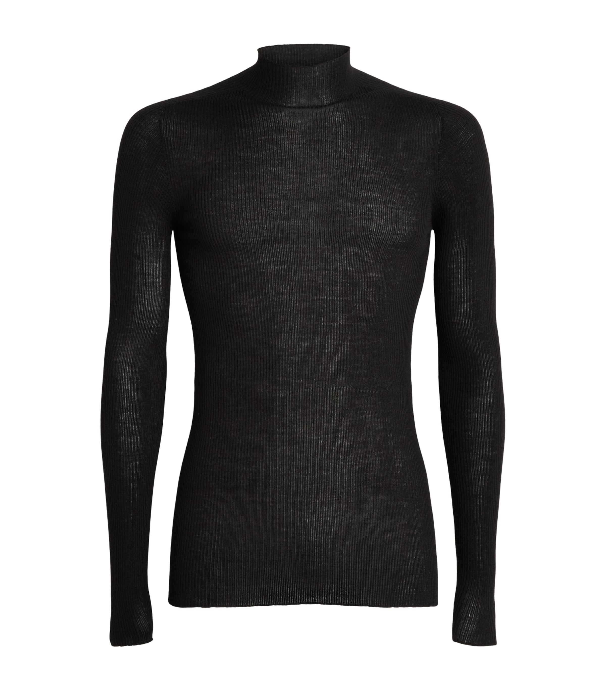 Rick Owens Mens Wool Ribbed Lupetto Funnel Neck Sweater Black