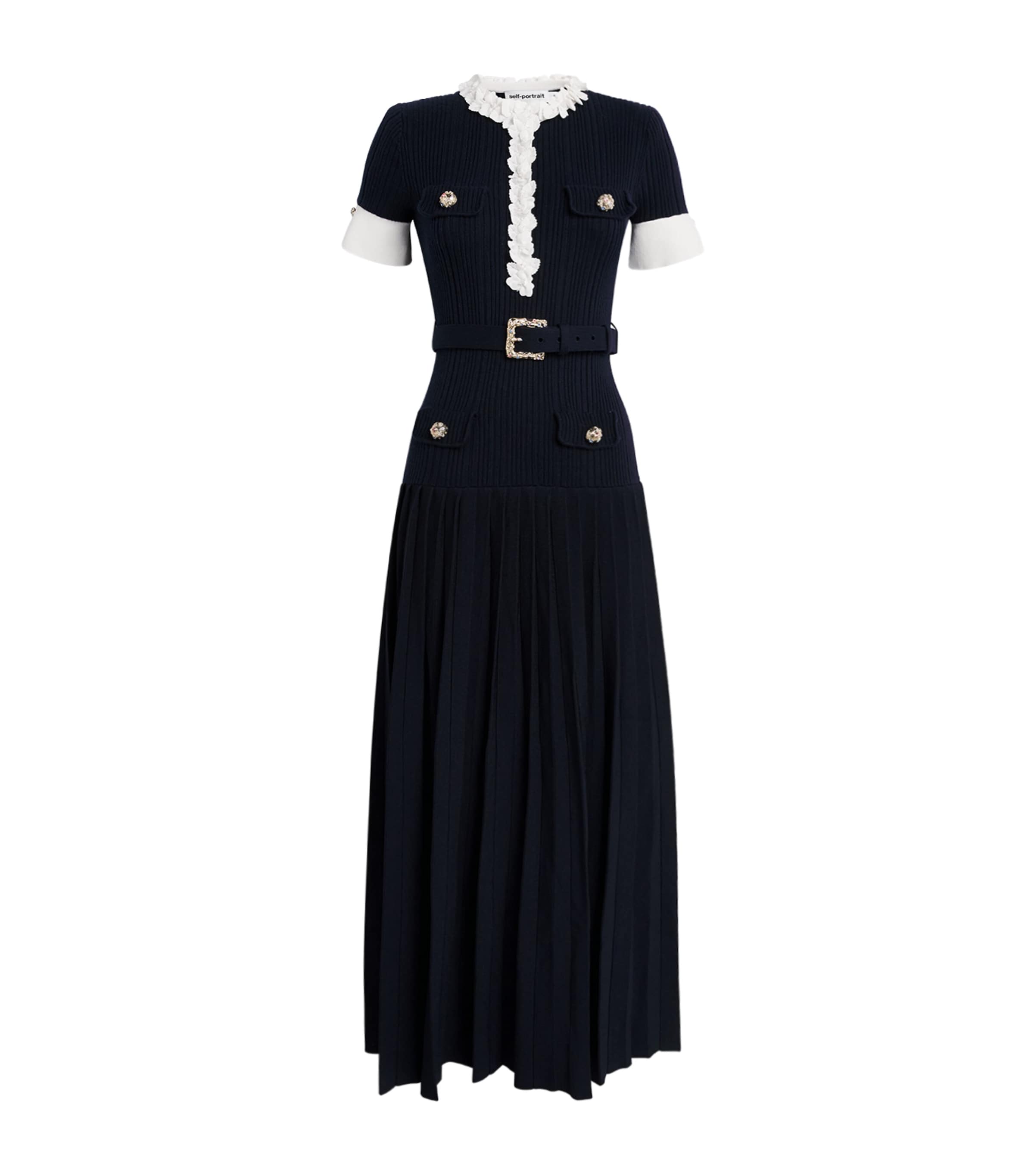 Self-Portrait Womens Ribbed Ruffle-Detail Midi Dress Navy