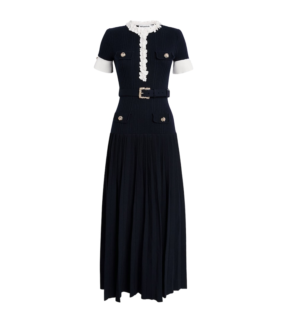 Self-Portrait Womens Ribbed Ruffle-Detail Midi Dress Navy