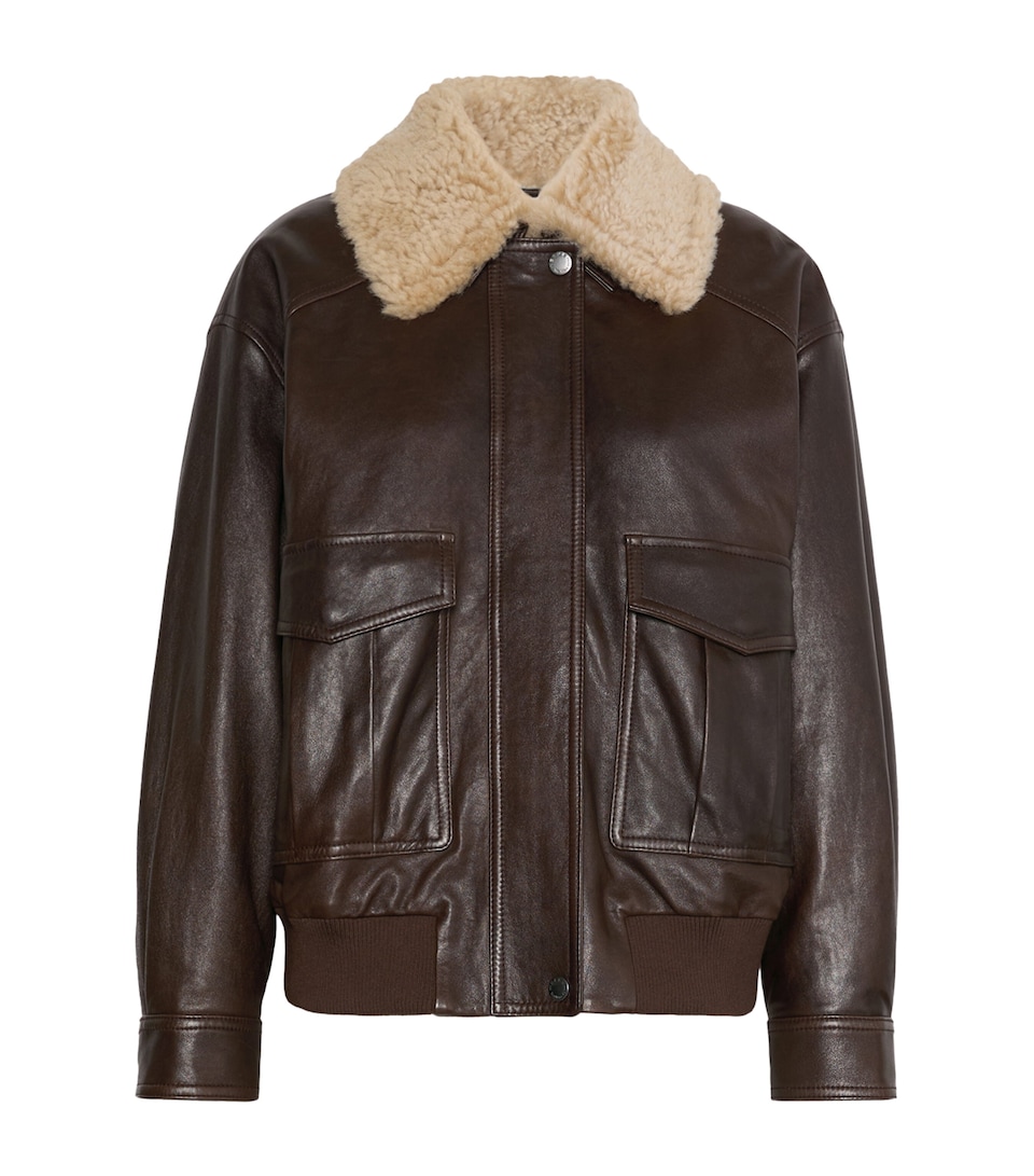 Weekend Max Mara Womens Leather Fur-Trim Jacket Dark Bown