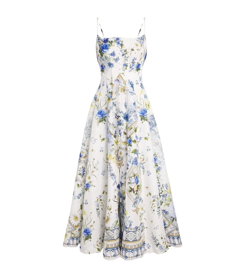 Camilla Womens Linen-Silk Corset Midi Dress Dandelion Skies