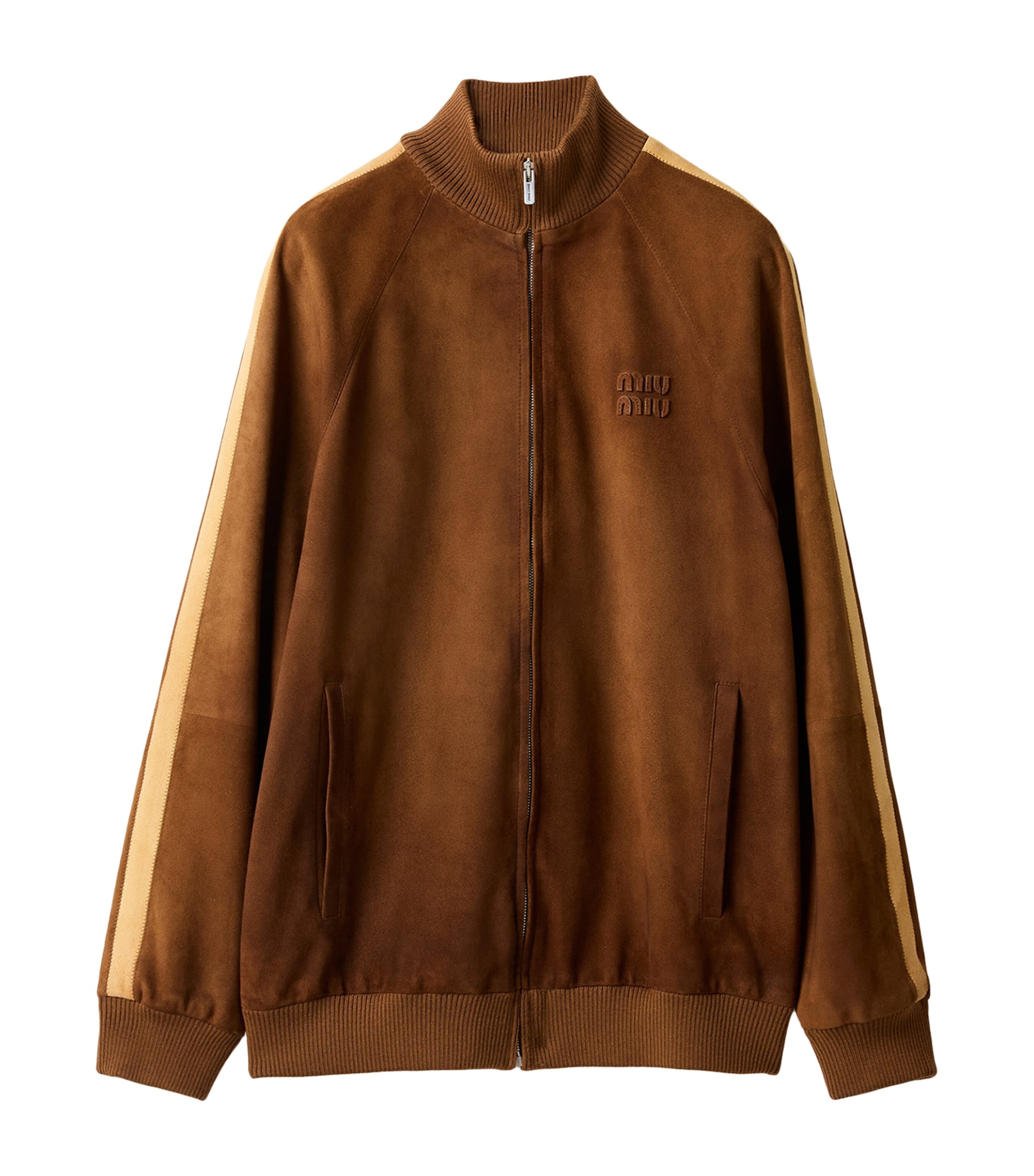 Miu Miu Womens Waxed Suede Stripe Track Jacket Brown